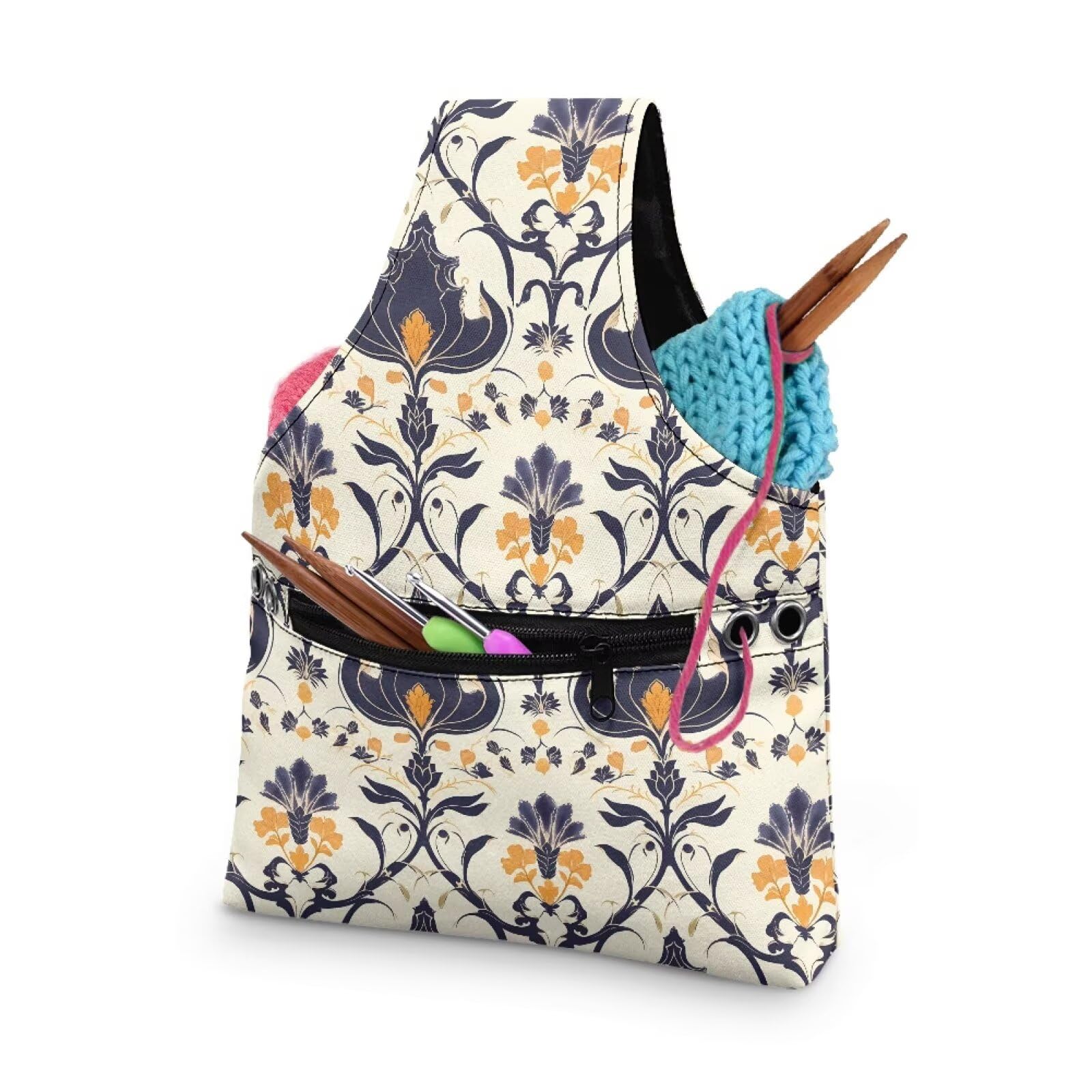 ZUXONGSY Damask Floral Knot Yarn Tote Bags for CrochetingH Portable Yarn Bags for Crocheting on The Go Travel Yarn Storage Handbag