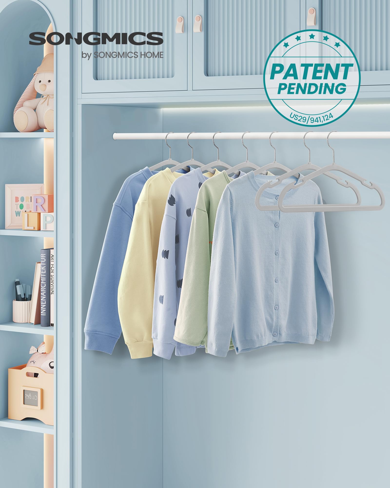 SONGMICS Perchas para niños, Paquete de 50 Unidades, 14 x 8 Pulgadas, Perchas de bebé para Armario, Perchas de Terciopelo Antideslizantes, Perchas para niños, Perchas de Ropa Que ahorran Espacio,