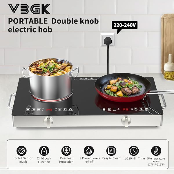 VBGK Double Electric Hob, 220V 3520W Ceramic Hob with Handle, Electric Hot Plate with 9 Power Levels, Child Safety Lock, Timer,Knob and Touch Control, 2 Burner Cooktop - 4