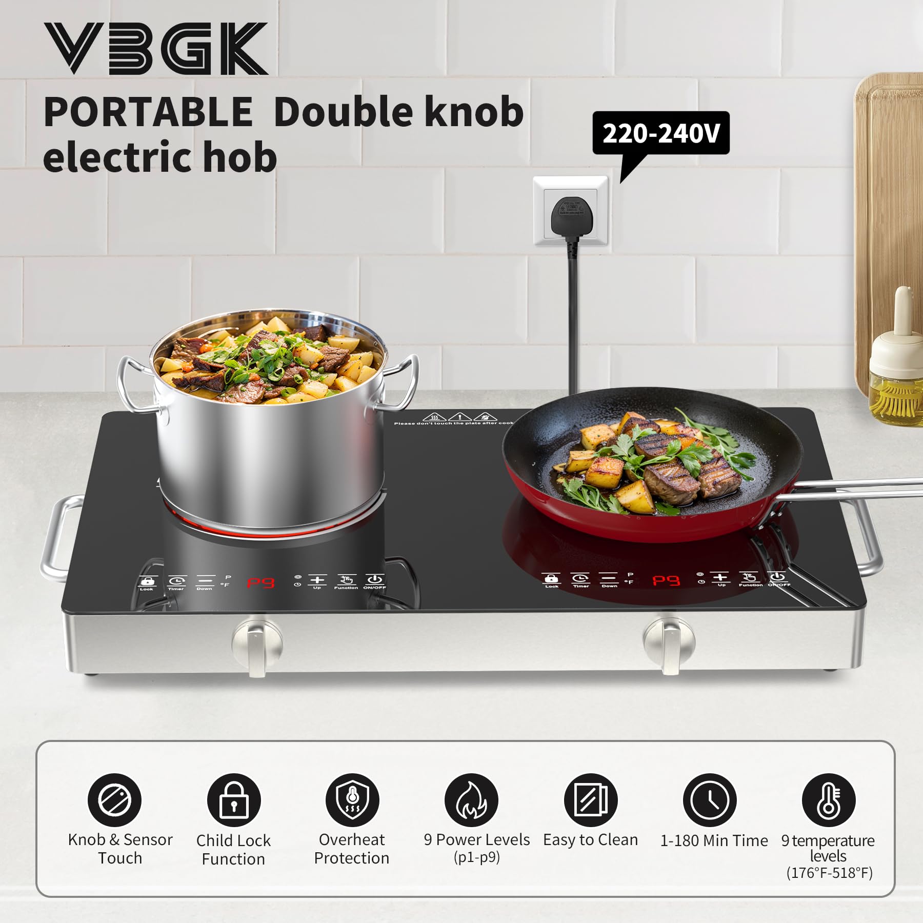 VBGK Double Electric Hob, 220V 3520W Ceramic Hob with Handle, Electric Hot Plate with 9 Power Levels, Child Safety Lock, Timer,Knob and Touch Control, 2 Burner Cooktop - 5
