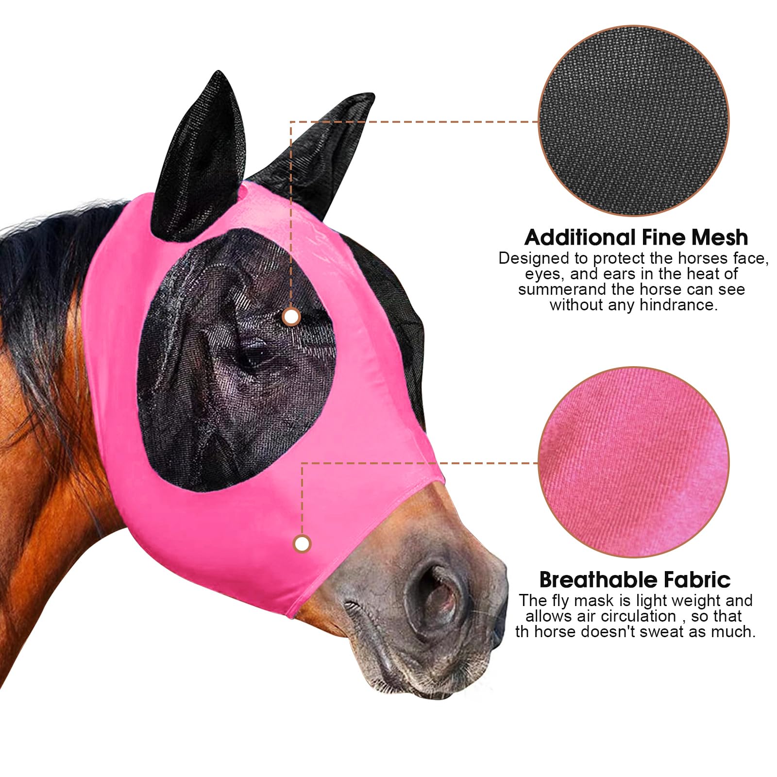 Máscara de mosca para caballos, cabestro con protección UV, gorro transpirable, shetty con orejas
