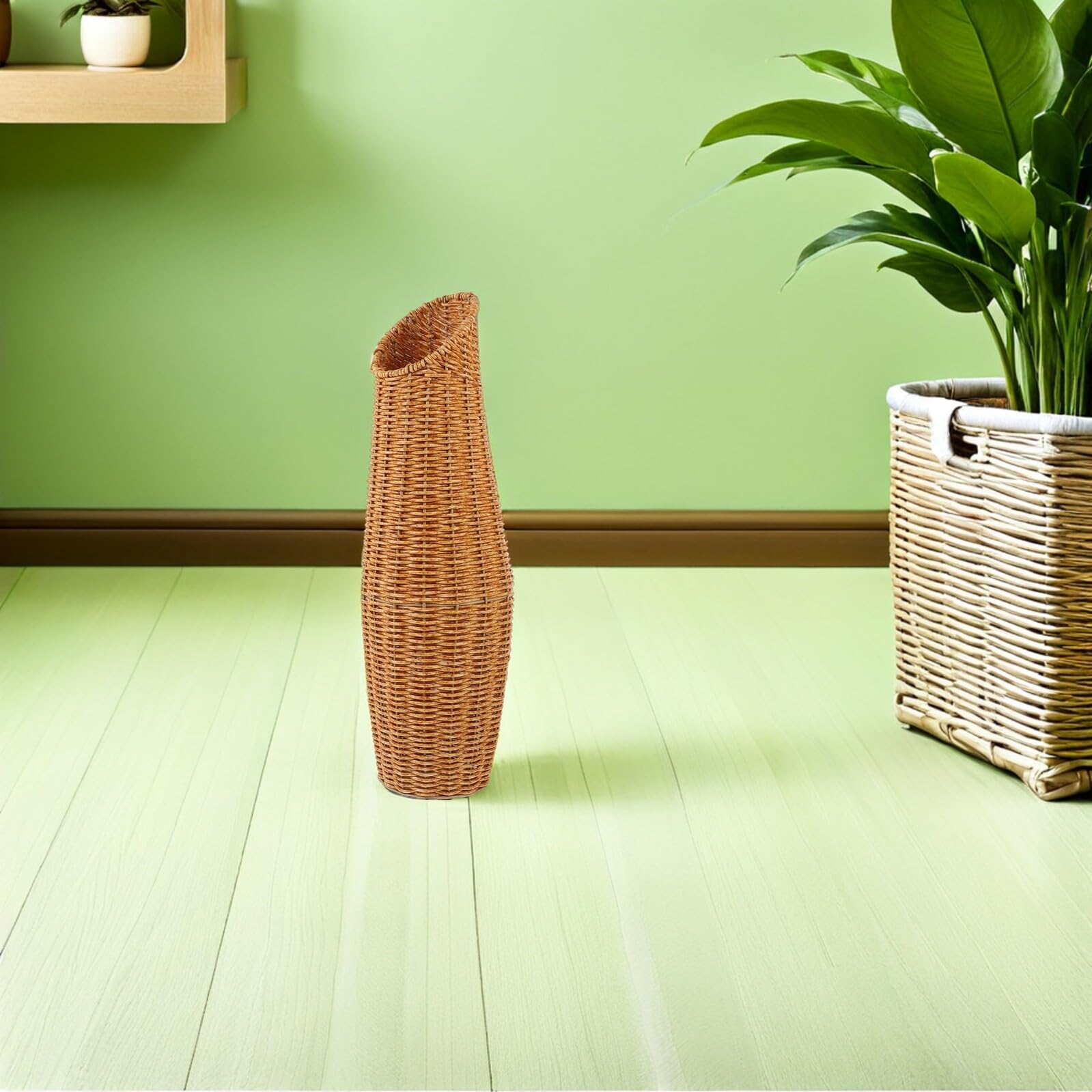 Jarrón de Suelo Tejido de Ratán Sintético 2 Unidades, Jarrones Altos Decorativos para Flores Artificiales y Secas, Florero Ligero y Resistente para Interiores, Sala de