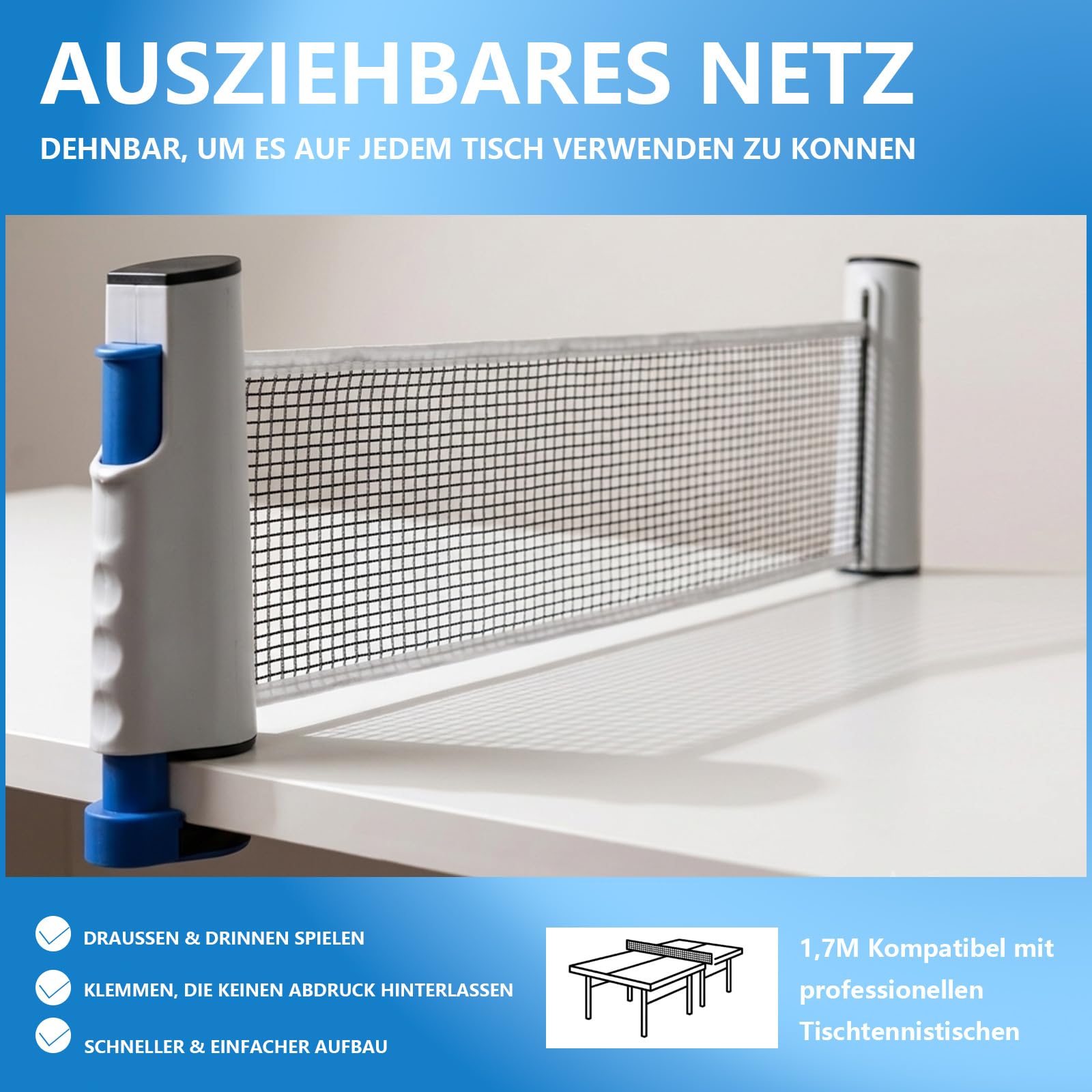 Professionelles Tischtennis-Set — 7-schichtige Lindenholz-Schläger (beidseitig Noppen-innen-Belag), ausziehbares Netz (passend für Tischplatten bis 5 cm Stärke), 3 ABS-Tischtennisbälle und tragbare Au
