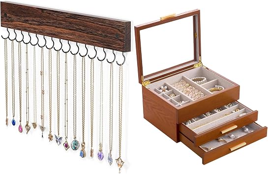 Lolalet Brown Wooden Necklace Holder with Cherrywood 3-Layer Jewelry Box Bundle, Wall-Mount Organizer with Clear Window Wood Grain Storage
