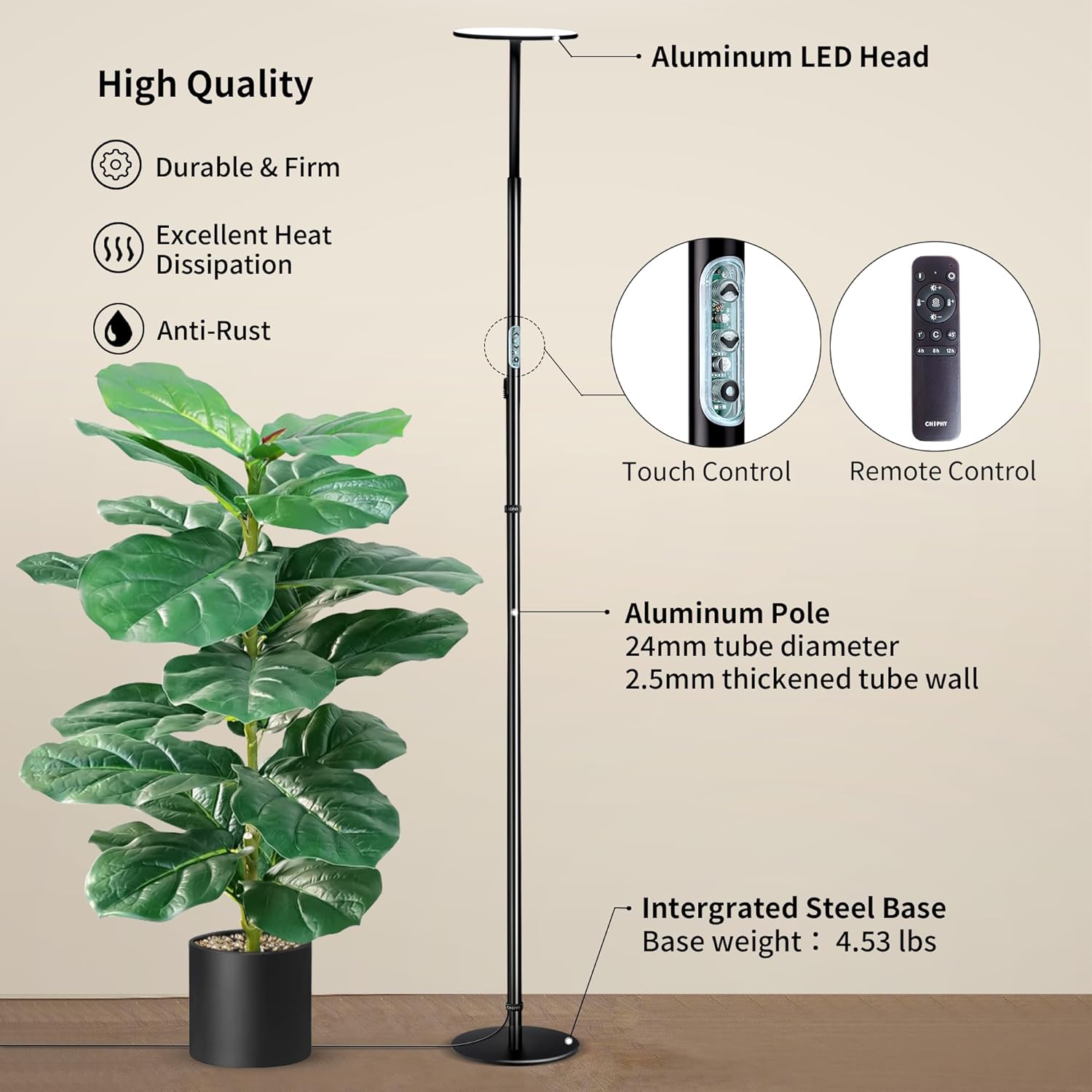 Dimensions of the Chiphy Grow Lamp (69 inches tall, 9.2-inch base) and its remote control.