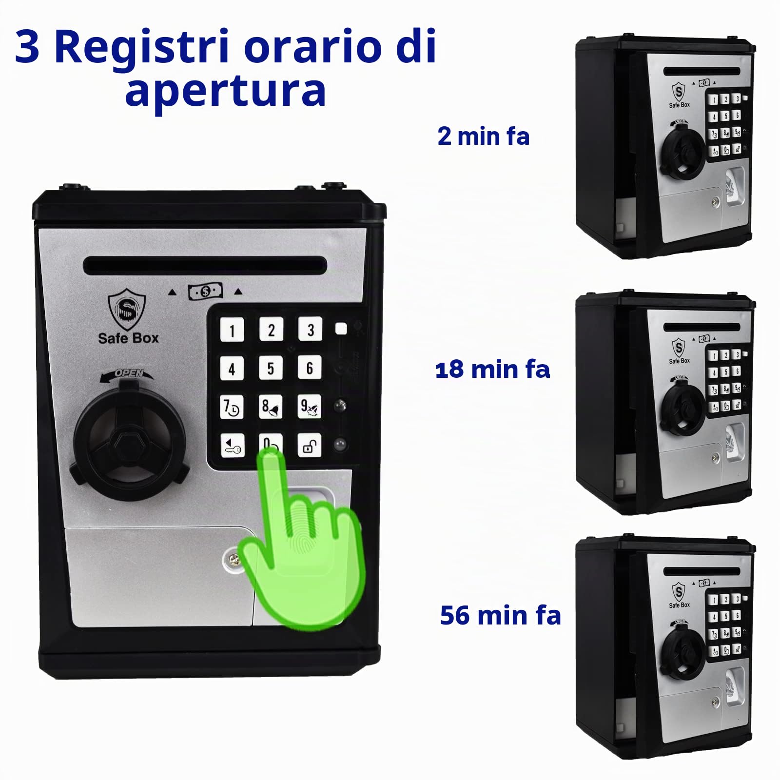 Cassaforte per Bambini con Serratura a Combinazione di 4 Cifre e Riconoscimento dell'Impronta Digitale - Regalo Perfetto per Compleanni, Natale e Festività (Nero/Argento)