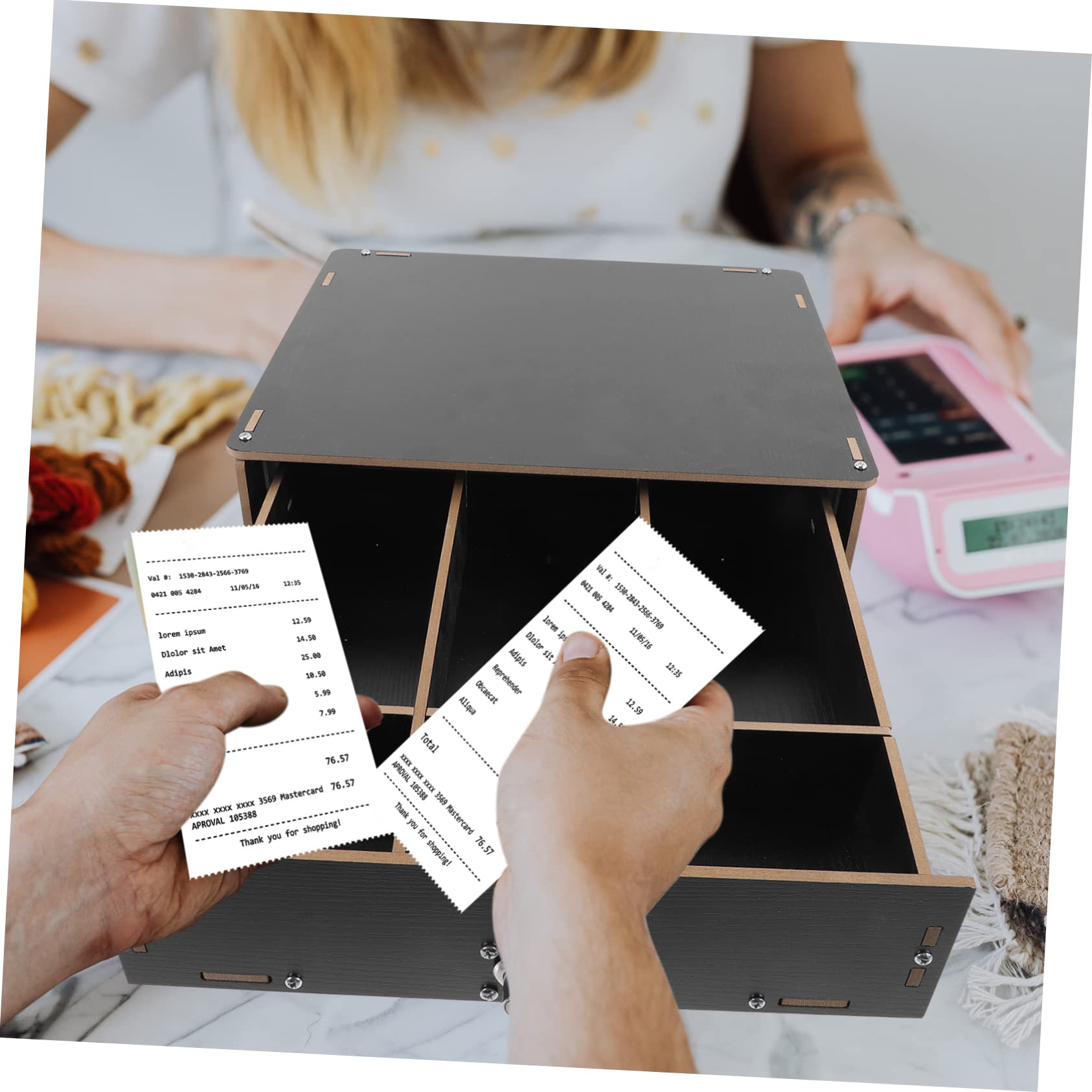 Scatola Portamonete in Legno Nera a Scomparti Multipli per Cassa | Contenitore da Banco, Clips per Fissare Banconote e Monete, Sostituzione Till per Negozi e Punti