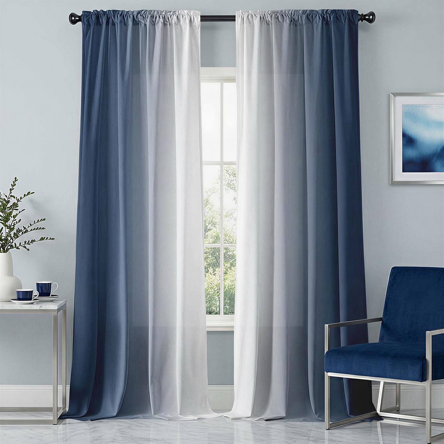 XFLINGBAO Blue Curtains 84 Inch Length 2 Panel Set Blue White Ombre Curtains for Living Room Bedroom Farmhouse Ombre Light Filtering Window Curtain Modern Gradient Drapes
