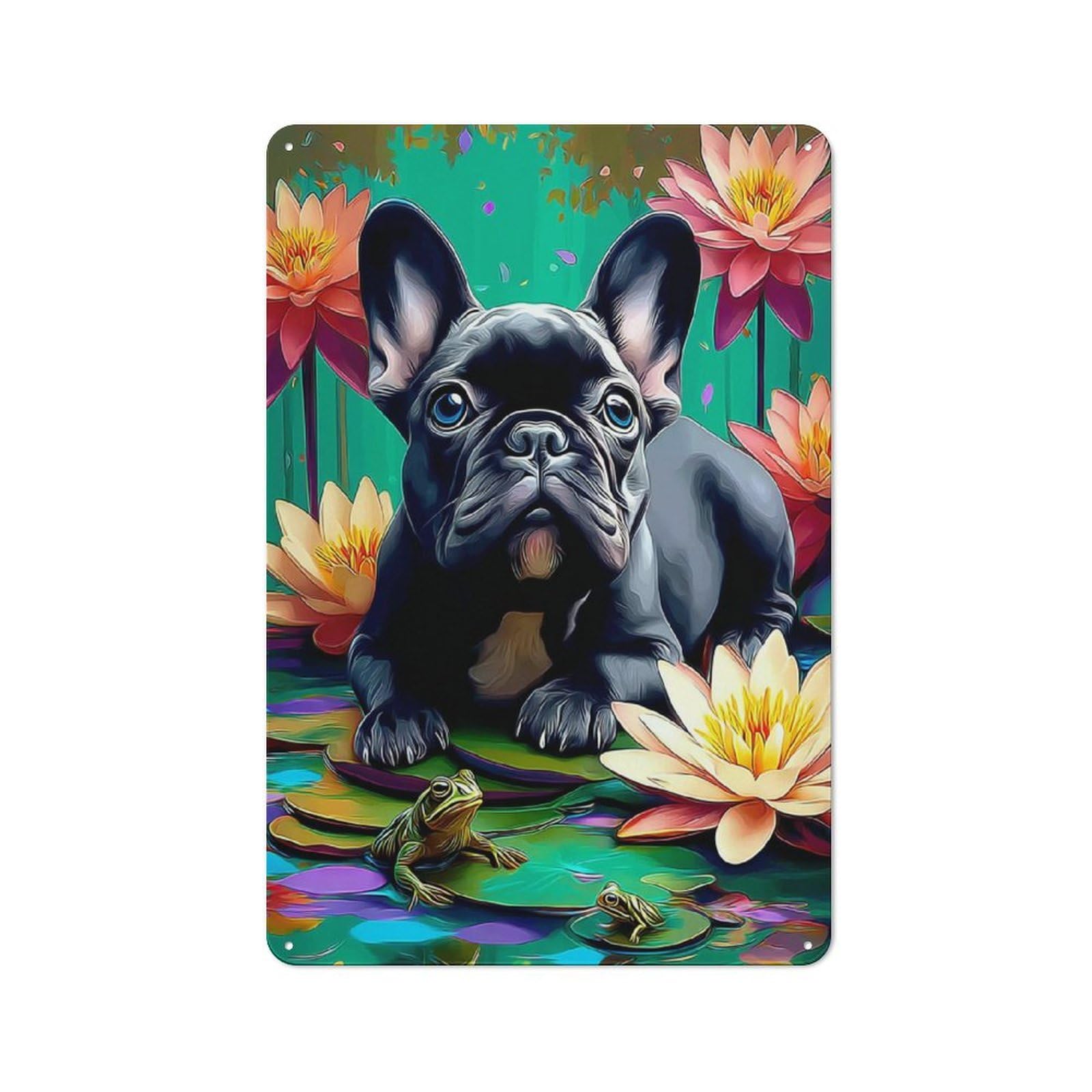 Junmoney Lovely French Bulldog In Lotus Pond -1 Tin Sign 30X20cm With For Bar Or Restaurant, Retro Decor, For Garage, Workshop And Man Cave Decoration