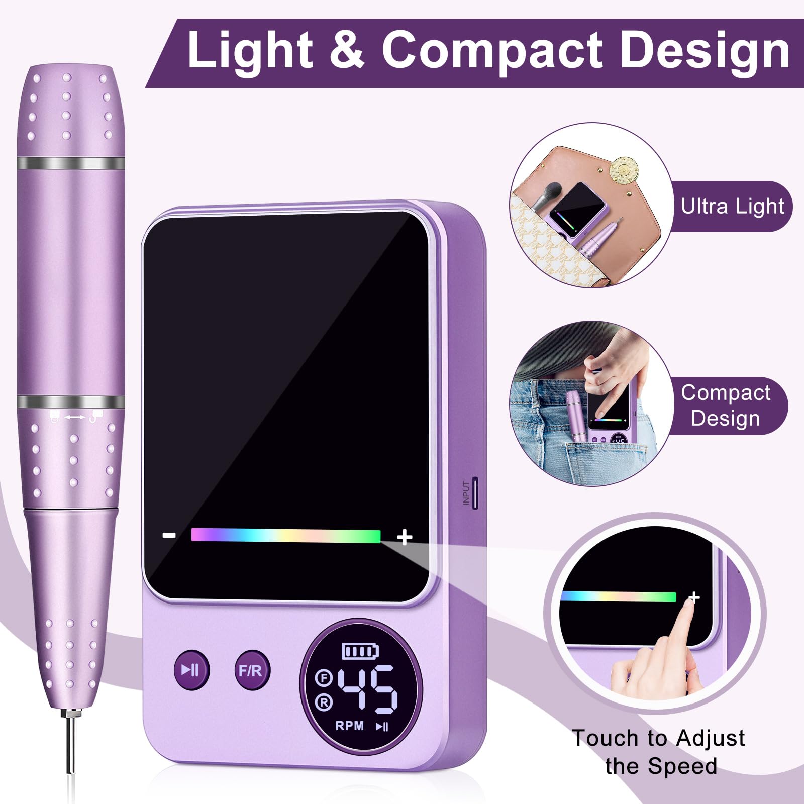 45000RPM Ponceuse à Ongles Professionnelle, Urbuti Ponceuse pour Ongles Électrique avec 11 Embouts et Écran LED, Limes à Ongles Portable pour Ongles en Acrylique et Gel, Manucure et Pédicure (Violet)