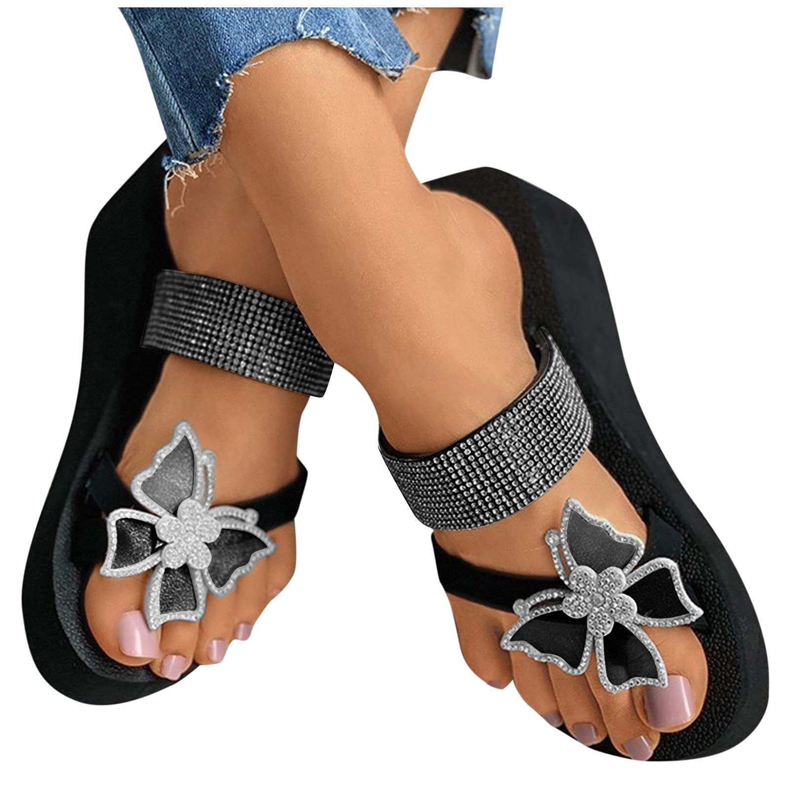 HHZY HHZY Sandalias para Mujer Zapatos Romanos Cómodos Brillantes con Rhinestone y Mariposas Sandalias Chanclas con Plataforma de Cuña Zapatillas de Playa Verano,Negro,US11/EU42