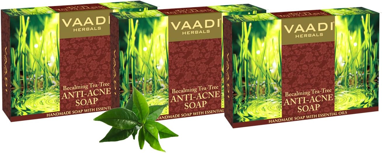 Tea Tree Soap (Tea Tree Oil Bath Bar Soap) - Handmade Herbal Soap (Aromatherapy) with 100% Pure Essential Oils - ALL Natural - Anti Acne Therapy - Each 2.65 Ounces - Pack of 3 (8 Ounces) - Vaadi Herbals