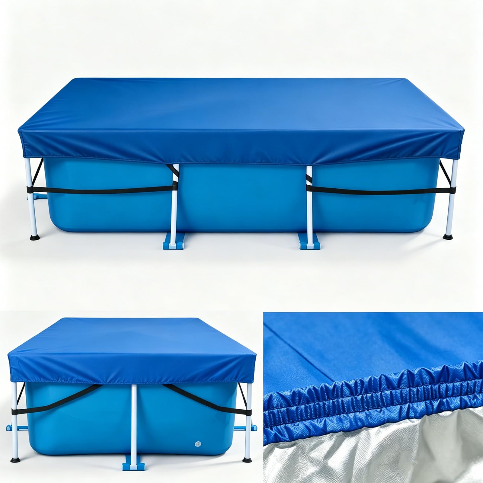 Rectangular Pool Cover 102in x 67in, 8 x 5ft Rectangular Pool Cover Made of Heavy-Duty Waterproof Oxford Fabric for Rectangular Above Ground Pool Built-in Elastic & Strong Webbing - Easy Set, Blue