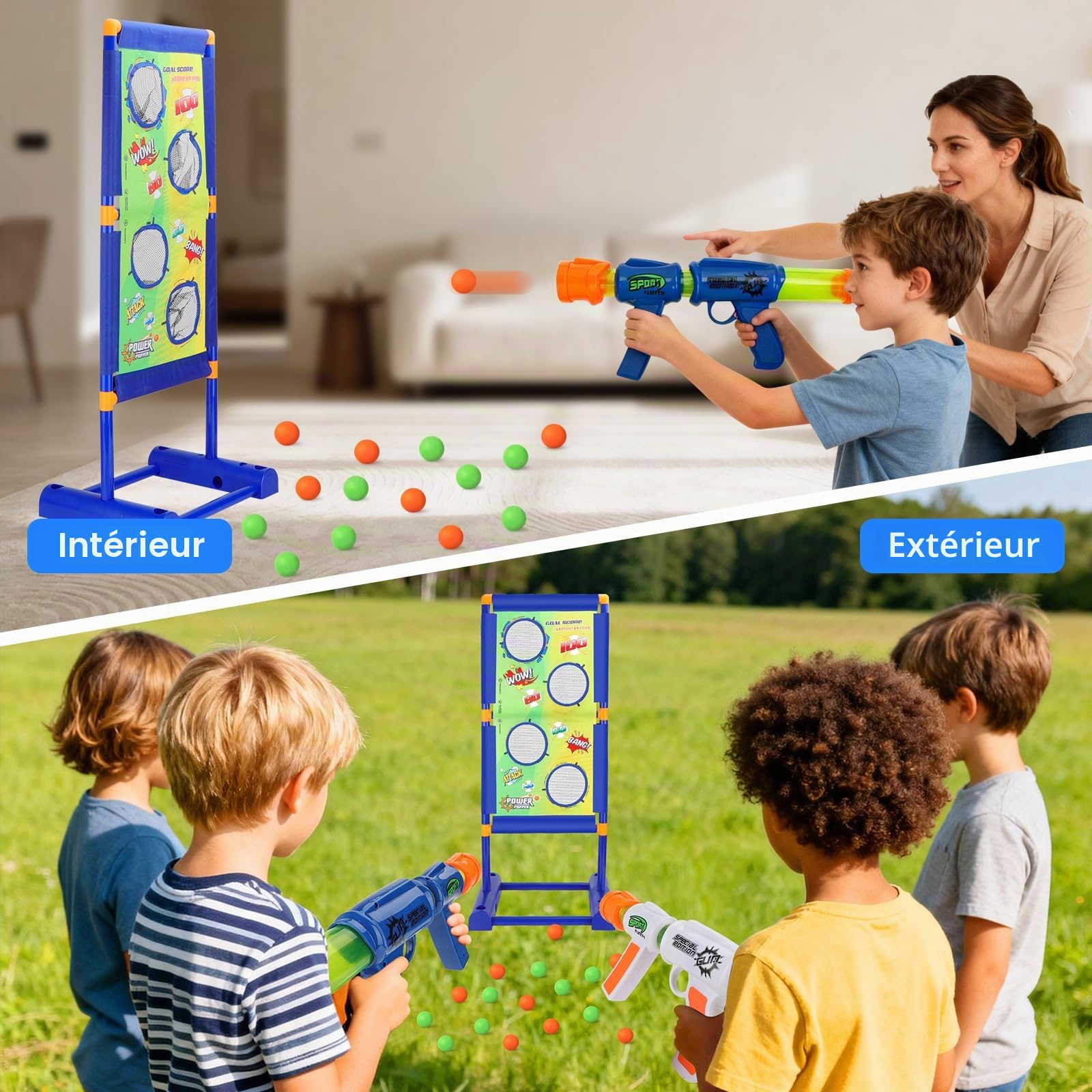 deAO Cible de Tir Mobile pour Enfants avec 2 Pistolets et 30 Balles Mousse | Mousse Eva Non-Toxique, 2 Modes (Statique/Dynamique), Extérieur/Intérieur, 3+ Ans, Cadeau Créatif Pour Jardin, Jeu En Famille