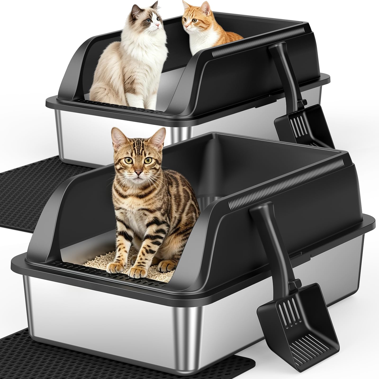2-Pack Stainless Steel Cat Litter Box, XL High Sides, Black