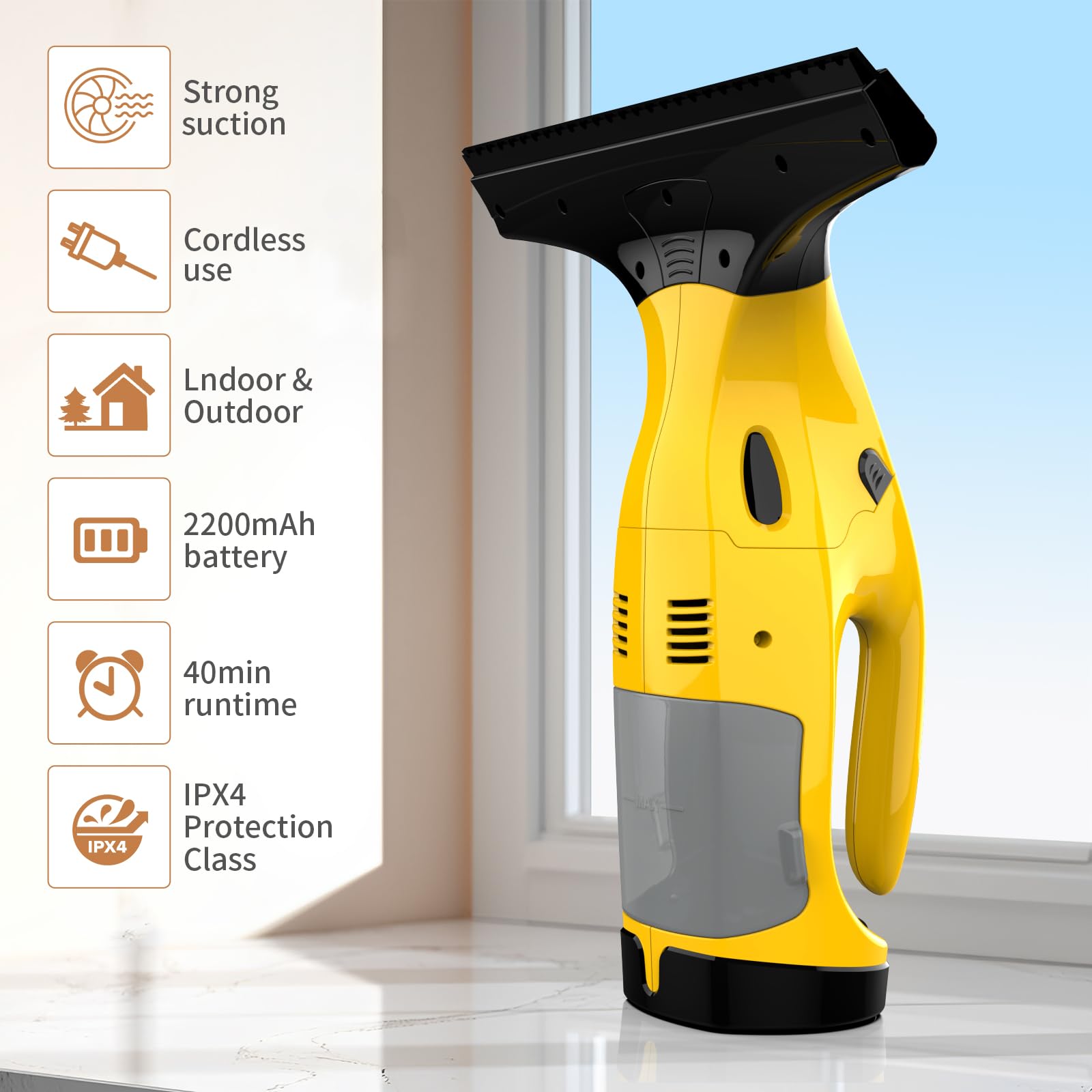 Aspiradora de ventana inalámbrica y recargable con 2 escobilla de goma (11 + 6.7 pulgadas), aspiradora eléctrica para ventanas, azulejos, espejos, duchas, vidrio, 2200 mA 4