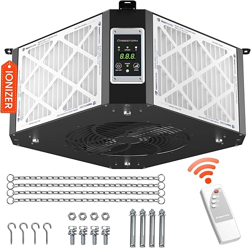 ABESTORM Sistema de filtración de aire para carpintería ionizador integrado, filtro de aire colgante de 1350 CFM con ventilador de vórtice fuerte,