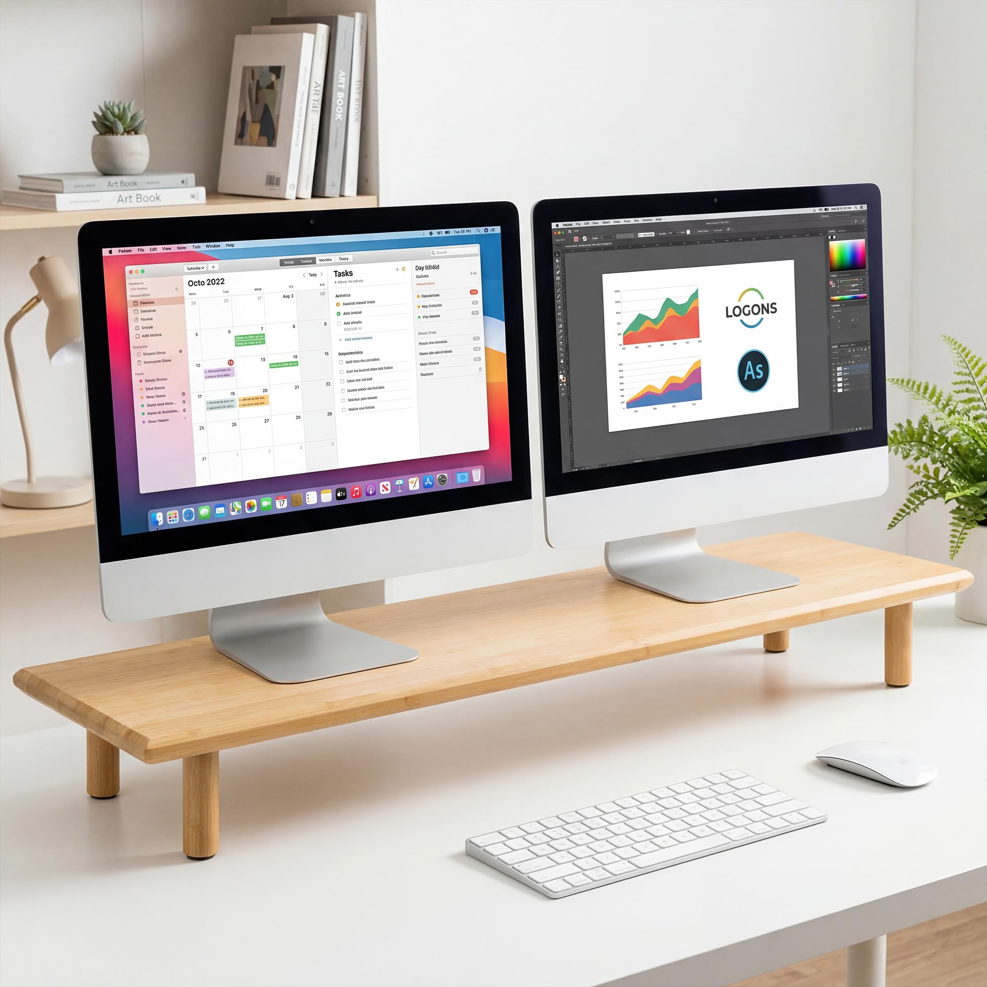 Soporte elevador de bambú para monitor doble con estante de almacenamiento, organizador de escritorio ergonómico para oficina en casa, WFH y trabajadores remotos (se adapta a 2 monitores