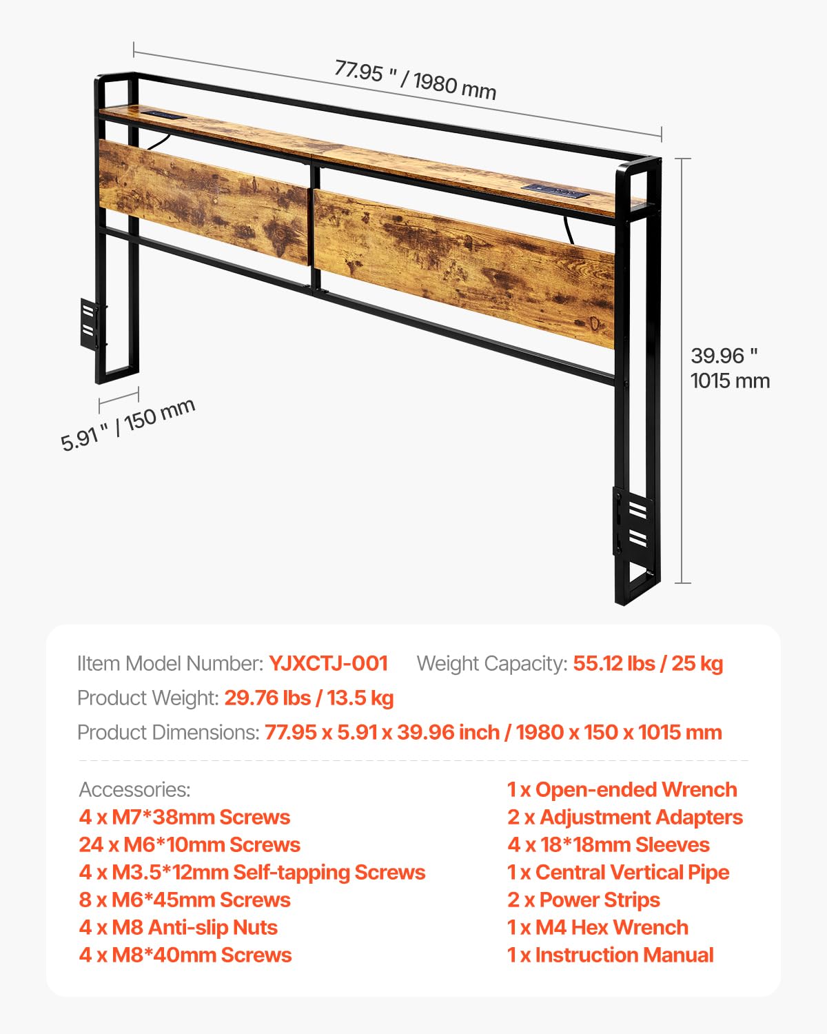 VEVOR Testiera per Letto King Size, Altezza Regolabile con Ripiano Portaoggetti, Testiera Indipendente da Letto King Size con Prese Porta USB per Diverse Strutture Letto, Nero e Marrone