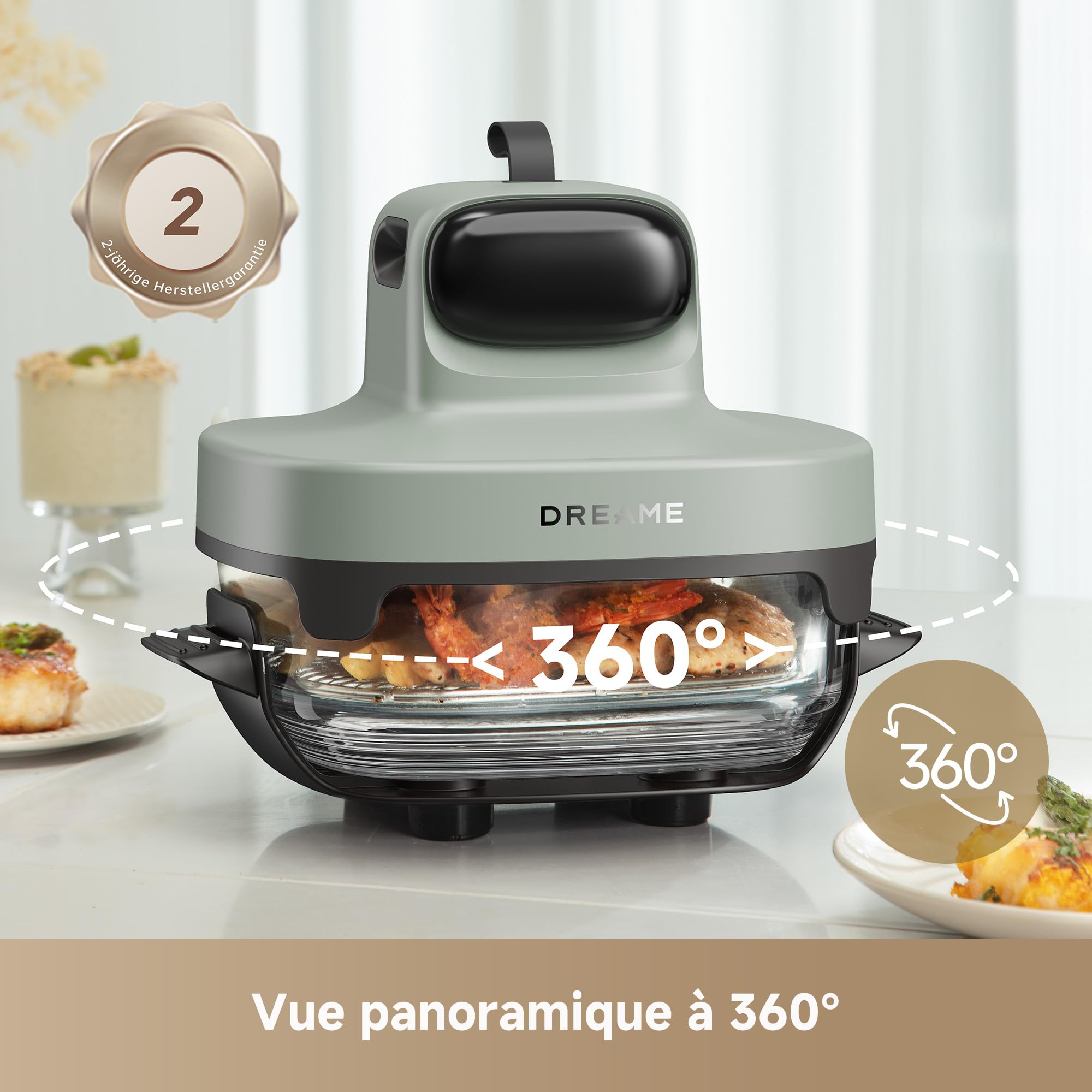 DREAME Tasti Friteuse à air en verre portable 5 en 1, 2,5 L + 4,5 L | 2 cuves, cuisson sans huile, rôtir, griller, réchauffer, maintien au chaud, verre résistant, vue à 360°