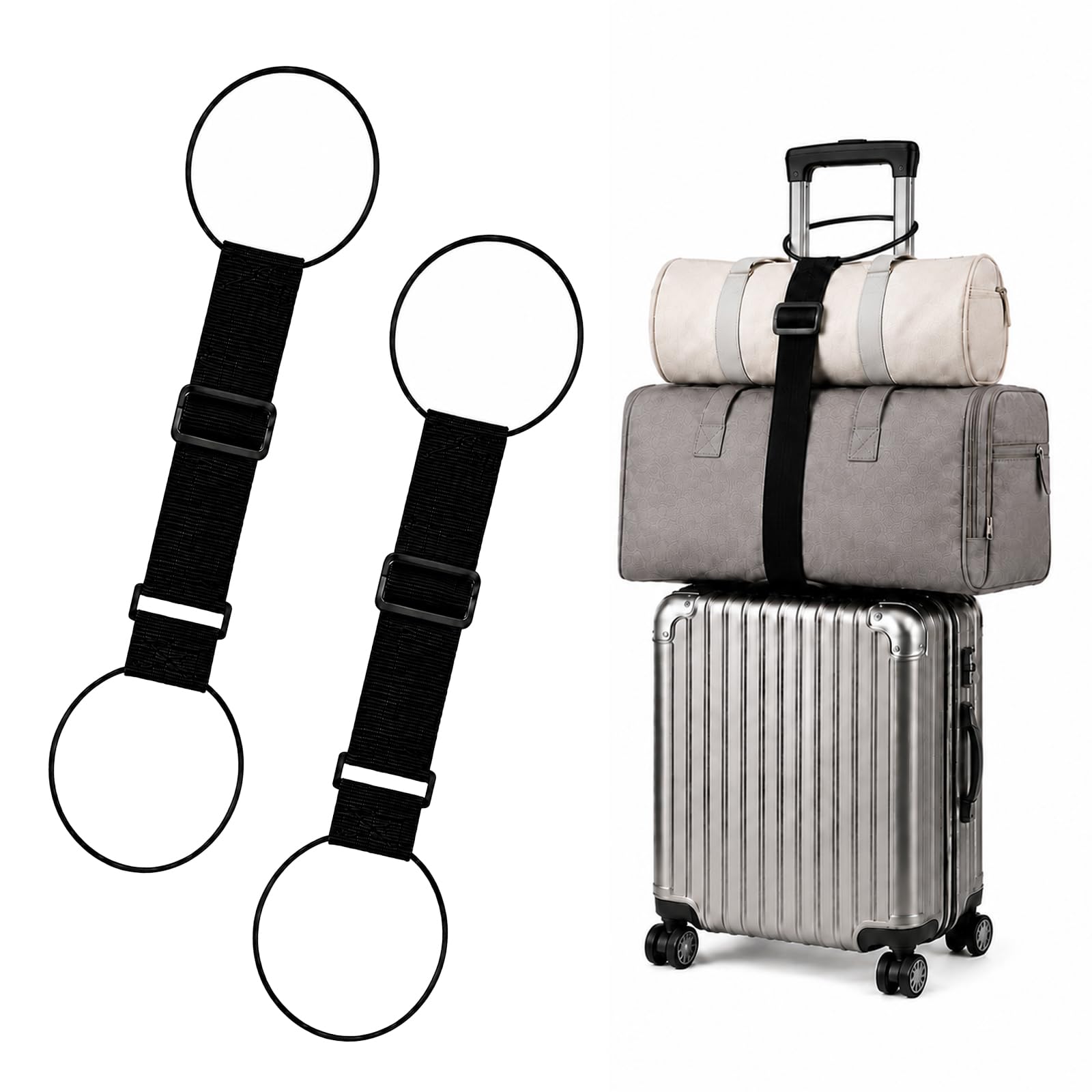Luggage Straps for Suitcases, 2 Pack Black Adjustable Elastic Double-Loop Luggage Connector Straps, Thick, Durable, Waterproof Multi-Use Straps for Totes, Backpacks and Duffel Bags.