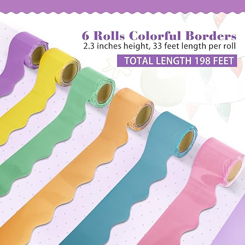 Miniatura 2 de 6 rollos de bordes de 198 pies para tablón de anuncios para aula, rollo de papel festoneado para aula, borde de tablero de anuncios colorido para