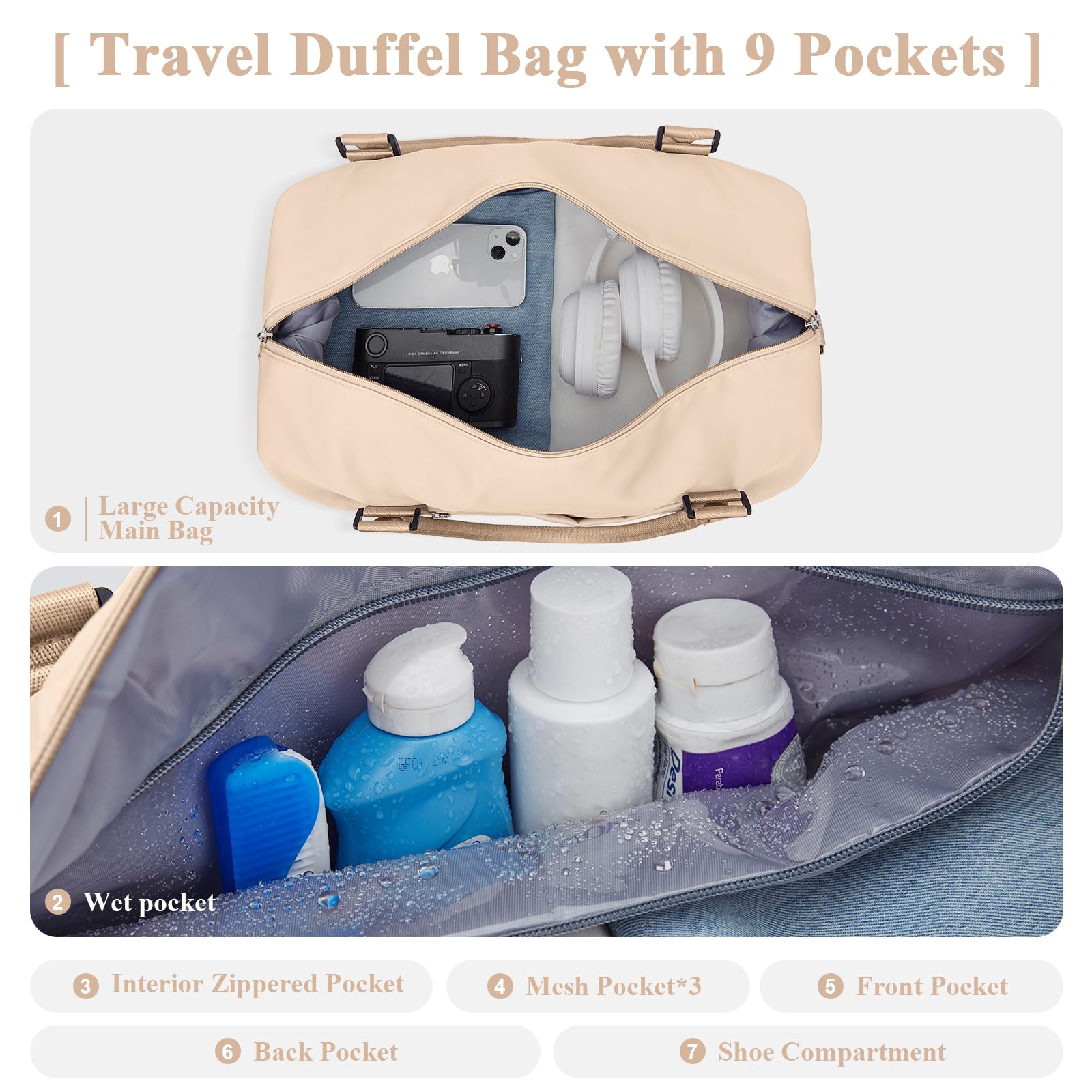 Borsone da Viaggio Donna, Bagaglio a Mano Borsa da Viaggio con Scomparto per le Scarpe, Borsa Sportiva Borsone da Palestra Grande, Borsa da Weekend, Borsa per Ospedale,A5 beige