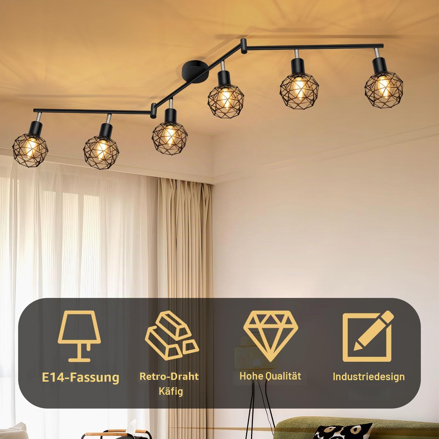 Deckenstrahler 6 Flammig, 350°-Drehung, Deckenspots E14 Fassung, Deckenlampe LED Deckenleuchte, Spotleuchte Wand, Wandstrahler für Küche, Wohnzimmer, Schlafzimmer, Schwarz (Ohne Leuchtmittel)