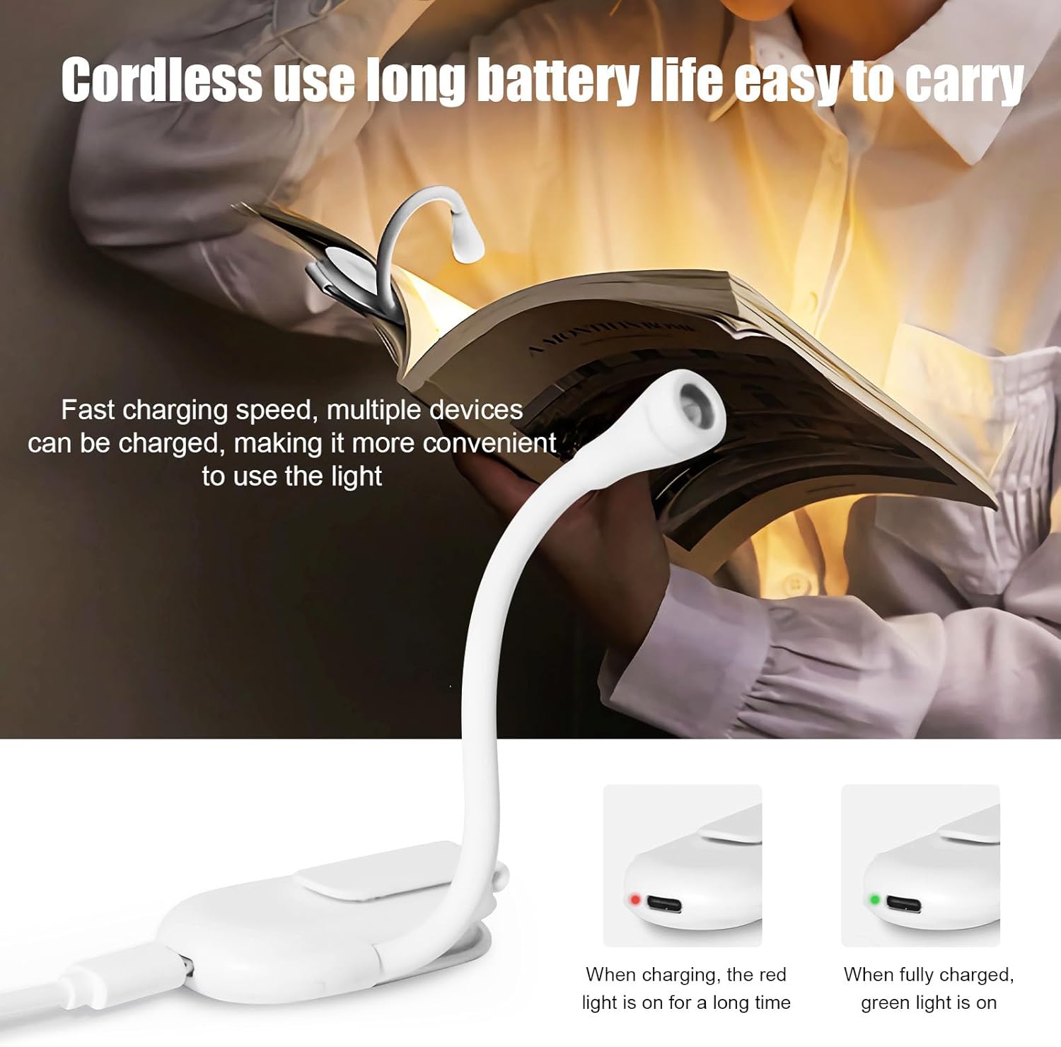 LED Clip-On Reading Light - Stepless Dimmable, 3 Lighting Modes, Flexible Neck, Perfect for Bed Headboard, Office & Home Use