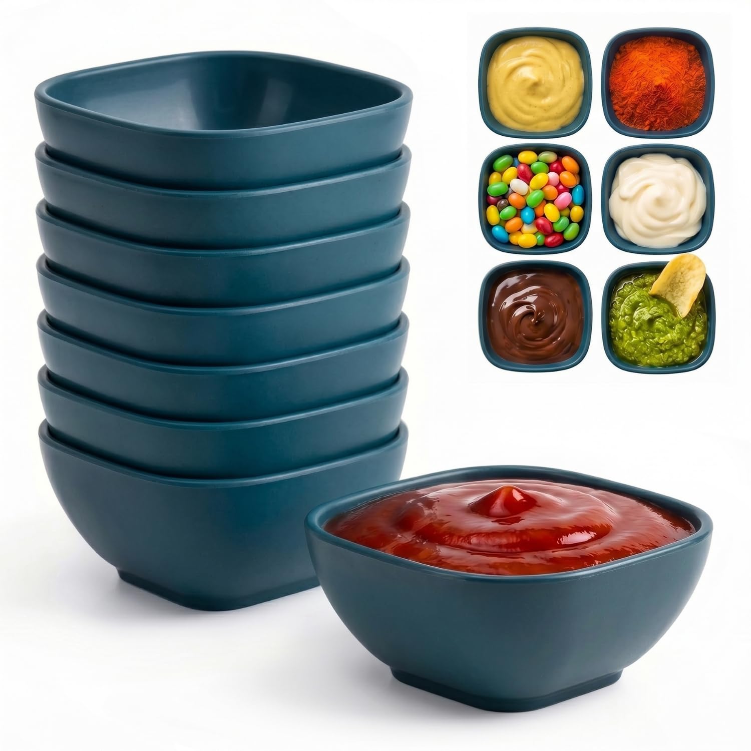 Wrova Reusable Plastic Dip Bowls Set of 8 | 5oz Small Bowls | Unbreakable Serving Dishes for Sauce, Soy Sauce, Sushi & Snack, Microwave & Dishwasher Safe Dipping Bowls for Kitchen and Camping - Blue