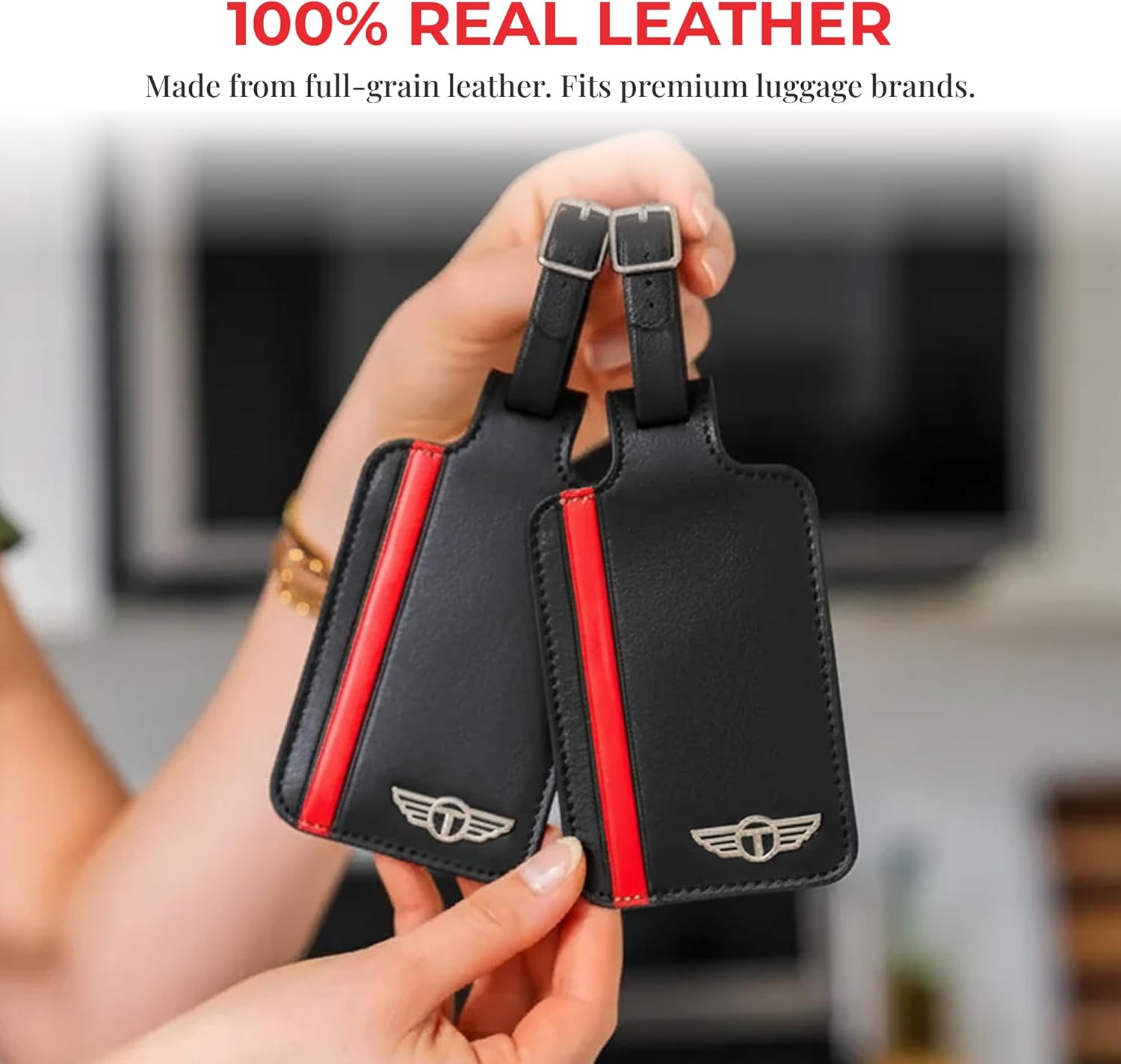 Genuine Leather Luggage Tag with Privacy Flap Set for Men Women Travel Easy with Suitcase Tags Identifiers (Black, 2 Pack)