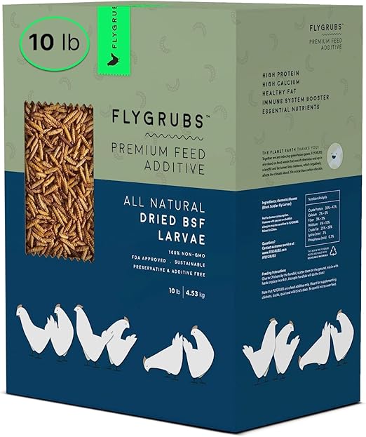 FLYGRUBS 10 lb Dried Black Soldier Fly Larvae - High Calcium Chicken Feeder - 85X More Calcium, Non-GMO Meal Worms for Wild Birds, Ducks, Turkeys, Quails, Turtles - Nutrient-Rich BSFL