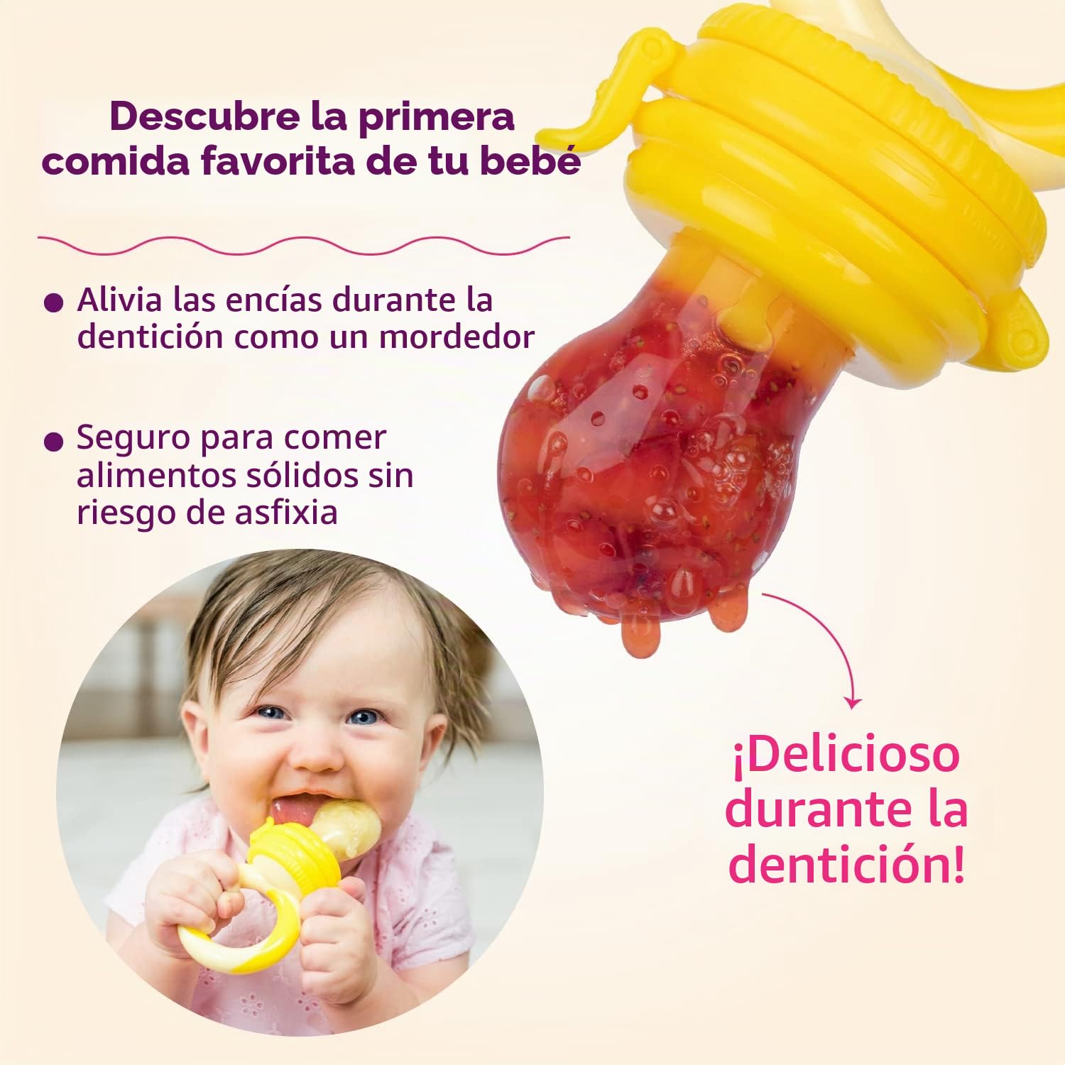 Chupete fruta bebe de NatureBond (2 piezas), mordedores bebes | Además incluye bolsitas de silicona de todos los tamaños (Rosa y amarilla)