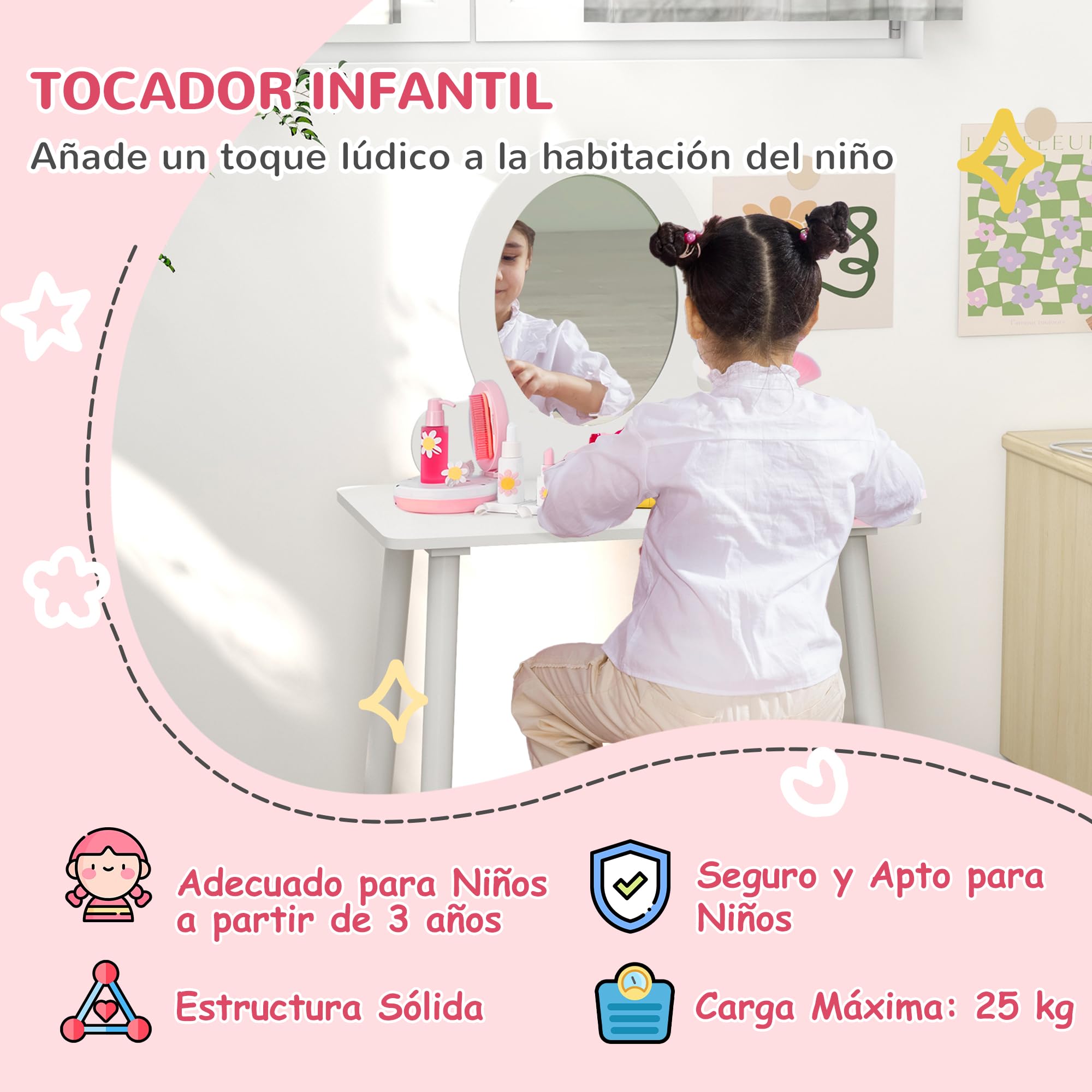 AIYAPLAY Tocador para Niñas con Taburete Tocador de Maquillaje Infantil para Niñas de +3 Años con Espejo Diseño Sencillo Blanco