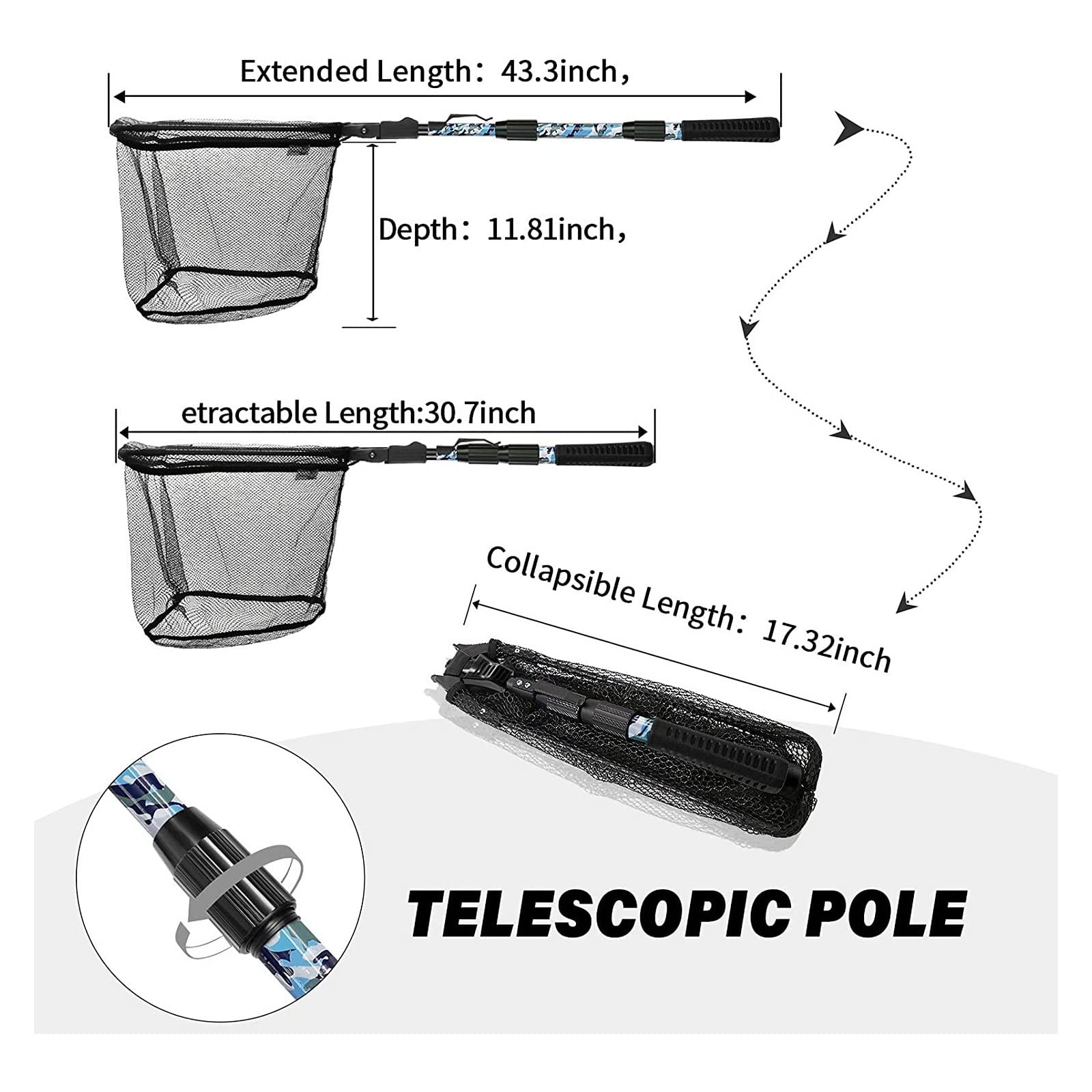 Guadino Pesca Rete da Pesca Pieghevole telescopica Robusta Maniglia for Pesce Maglia di atterraggio for Attrezzatura da Pesca alla Carpa Cattura Rilascio Retino da Pesca
