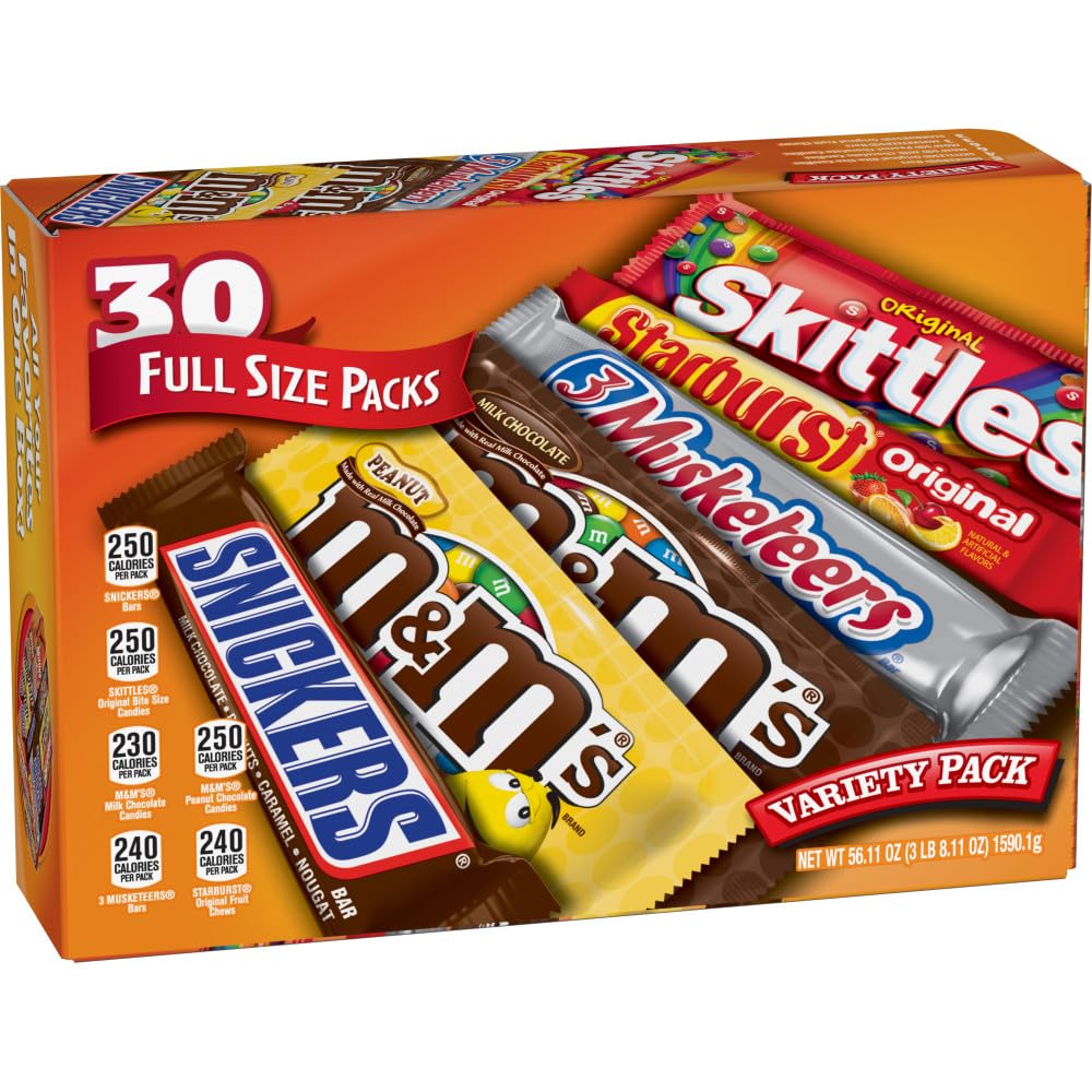 MarsM&M'S, SNICKERS, 3 MUSKETEERS, SKITTLES & STARBURST Full Size Chocolate Candy Variety Mix 56.11-Oz 30-Ct Box