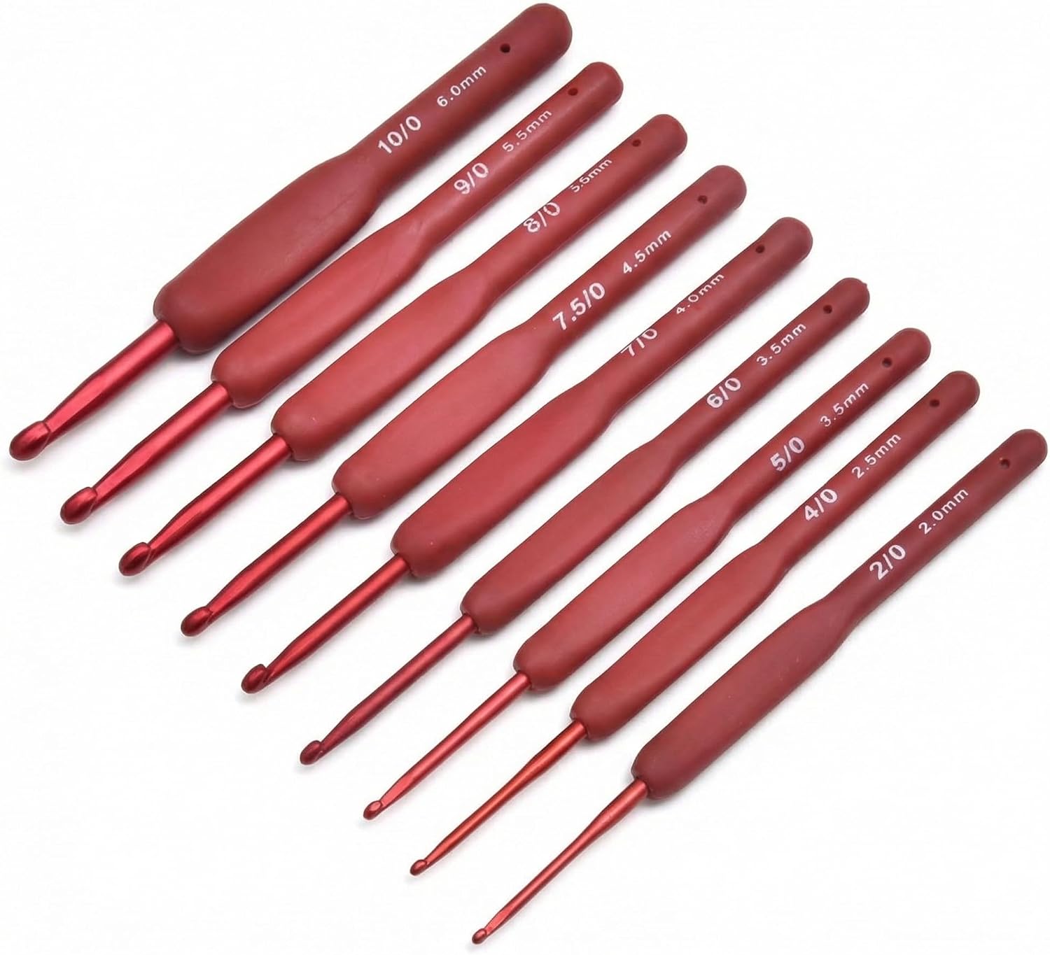 Crochet Hooks Set with Soft Silicone Handles Nine Sizes 2.0–6.0 mm Red Aluminum Needles for Yarn Crafts Smooth Tip for Amigurumi Scarves Blankets DIY Projects One Piece Set