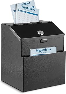 Flexzion Suggestion Box with Lock Wall Mounted Multi-Purpose Donation Ballot Charity Mailbox Idea Forms Collection Key Drop Box w/ 25 Feedback Cards, Expansion Bolts & Keys (Black)