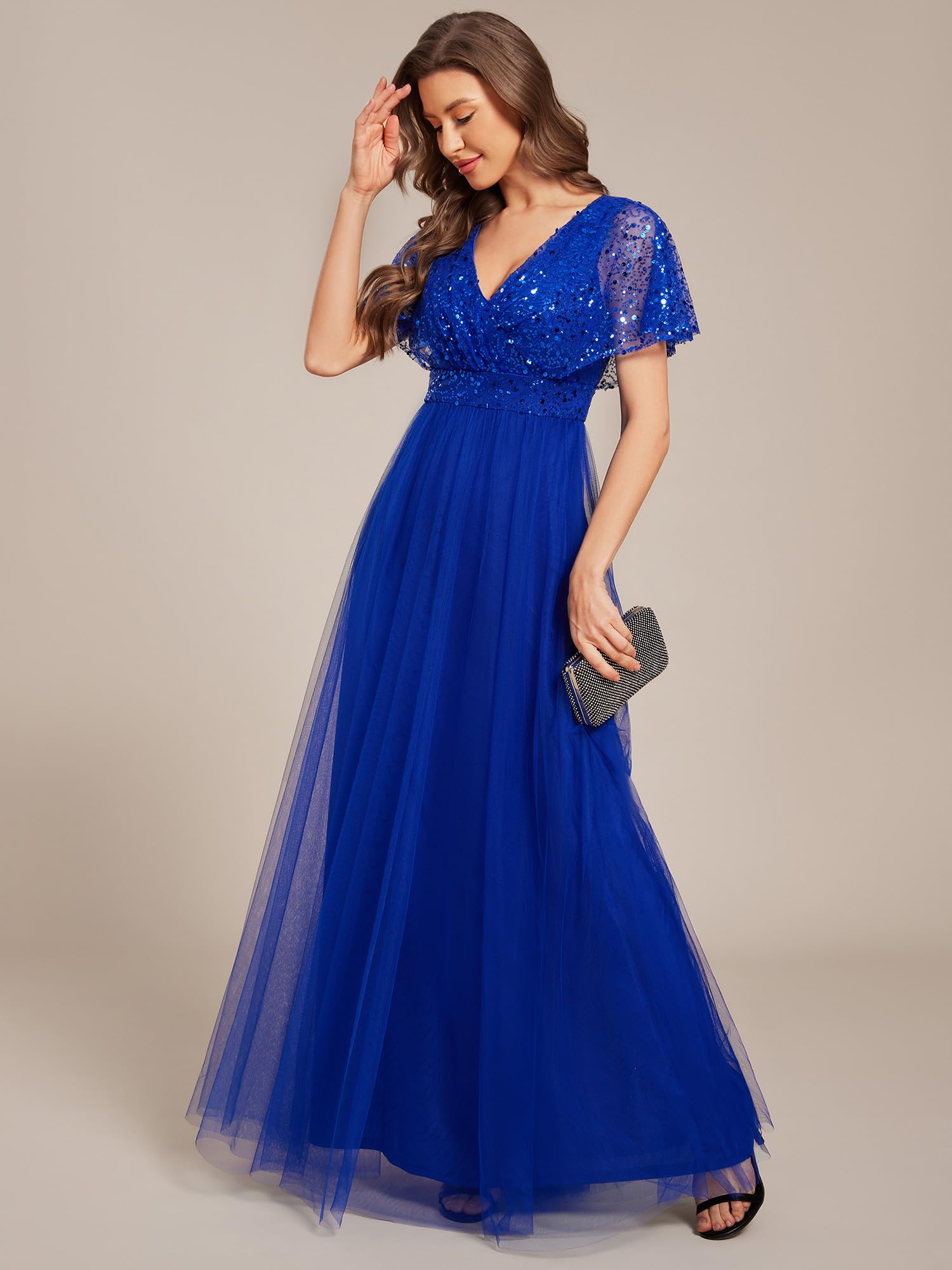 Ever-Pretty Robe de Soirée Chic Col en V Manches Courtes Mousseline Maxi Robe évasée EE02223