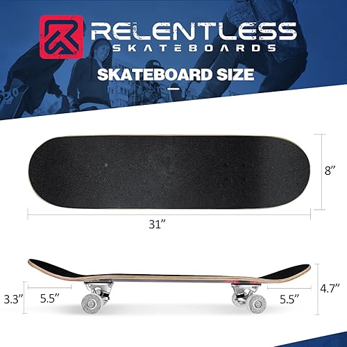 Miniatura 7 de Relentless - Patineta completa de 31 pulgadas con cinta de agarre, ruedas de monopatín, cubierta de monopatín de arce de 7 capas, cóncava, doble
