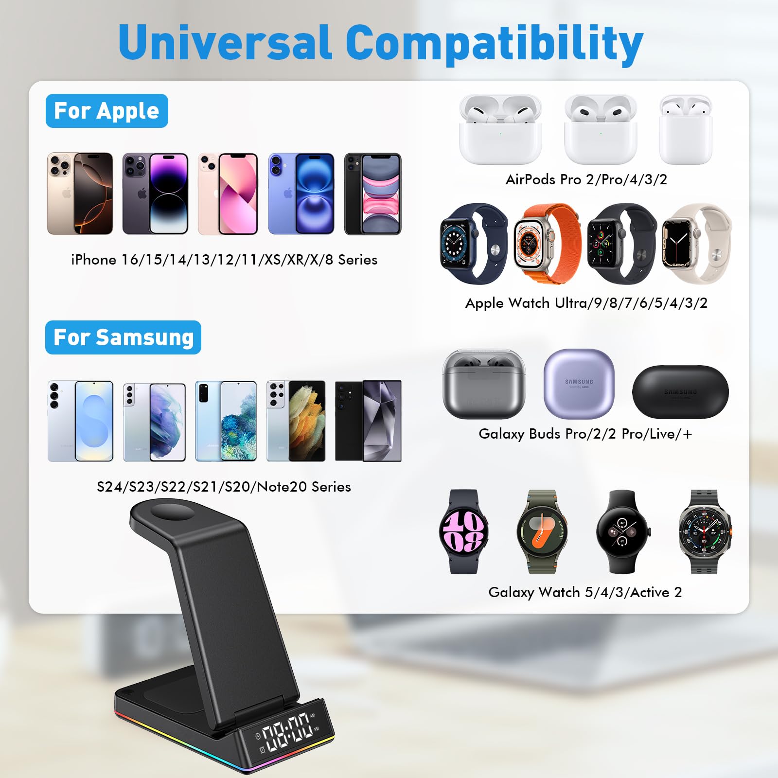 Stacja ładująca 5 w 1 Apple Watch i iPhone, bezprzewodowa ładowarka indukcyjna iPhone z zegarem wyświetlaczem LED, lampka nocna RGB, stacja ładująca do słuchawek AirPods, biurko, do sypialni