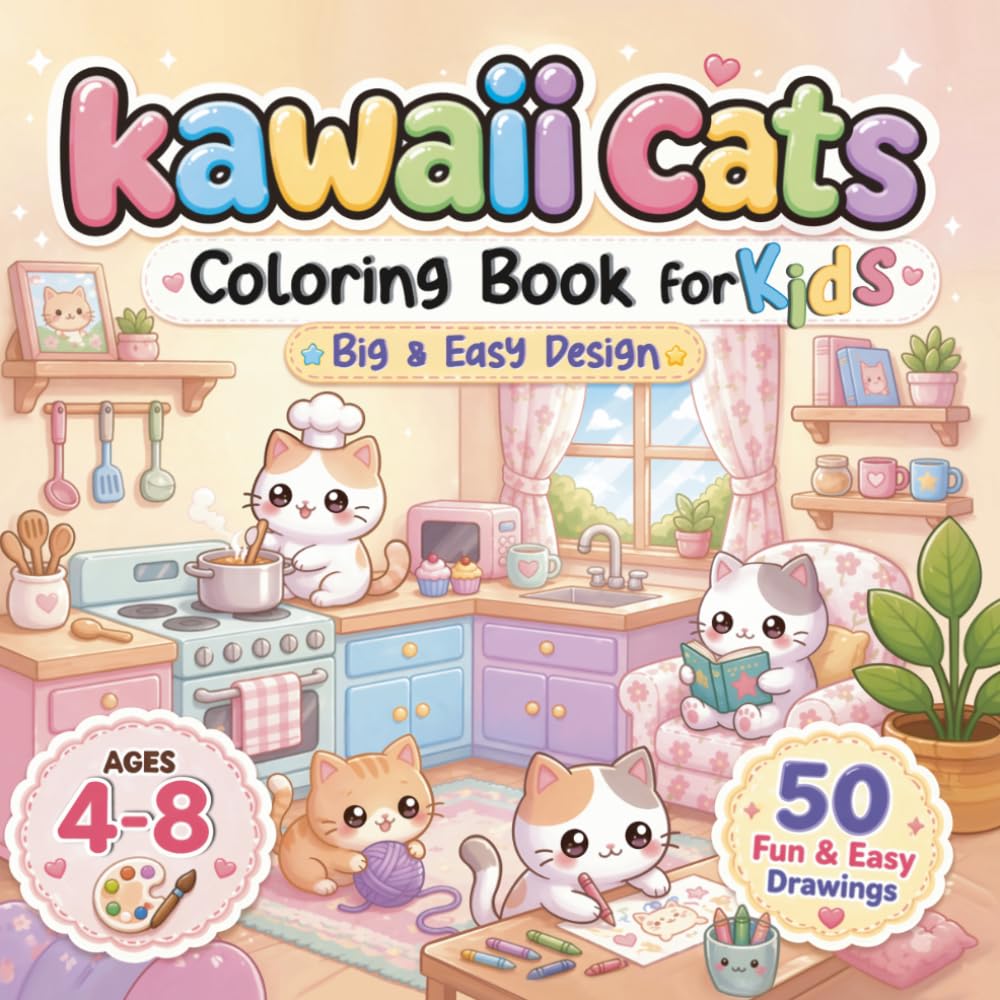 Kawaii Cats Coloring Book for Kids Ages 4–8: Cute & Easy Cat Coloring Pages with Big Simple Designs (Volume 1)