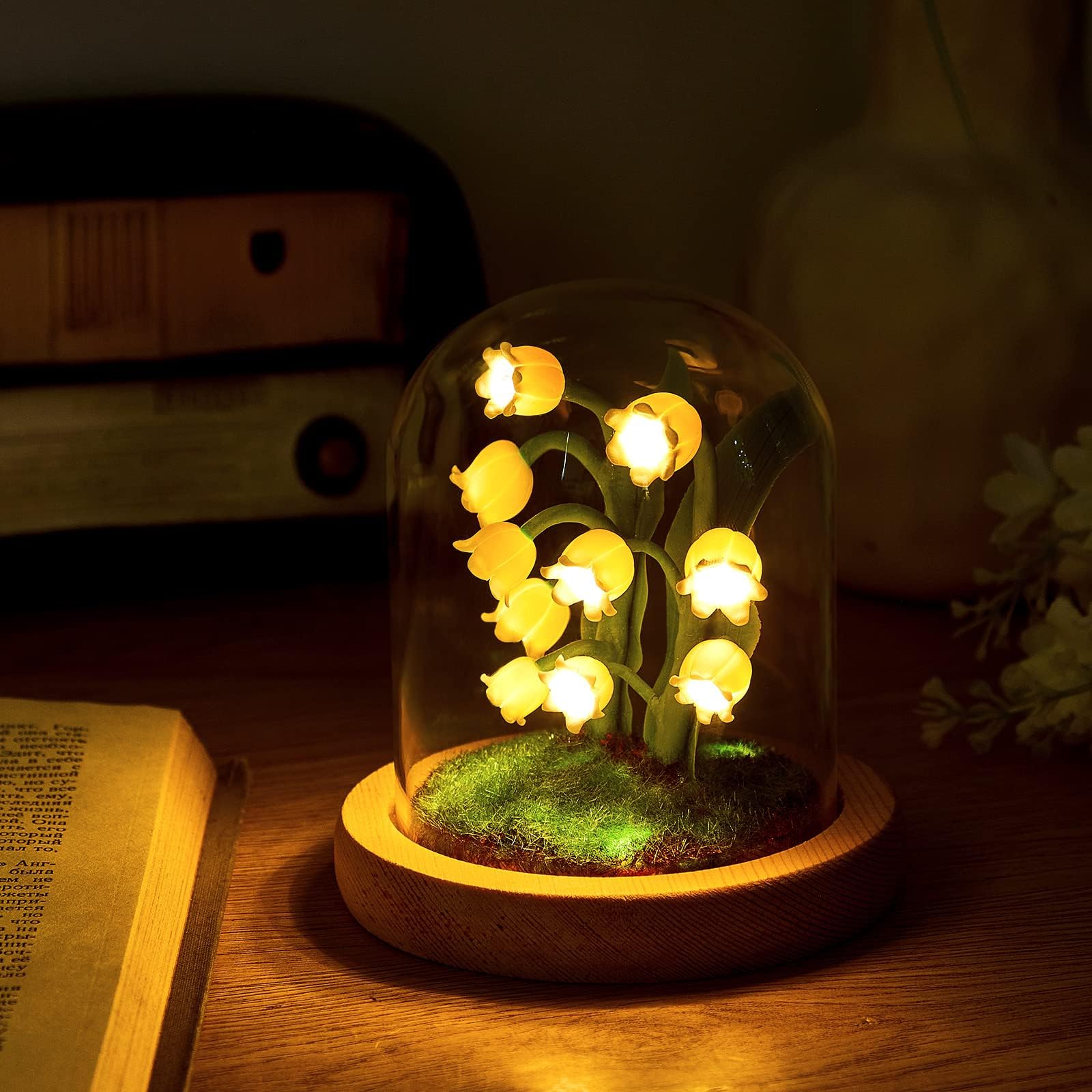 Hortsun Lily of The Valley Flower Gifts for Women Glass Lily of The Valley Flower Decor Lamp for Women Birthday Anniversary Valentine Mother's Day Thanksgiving Christmas