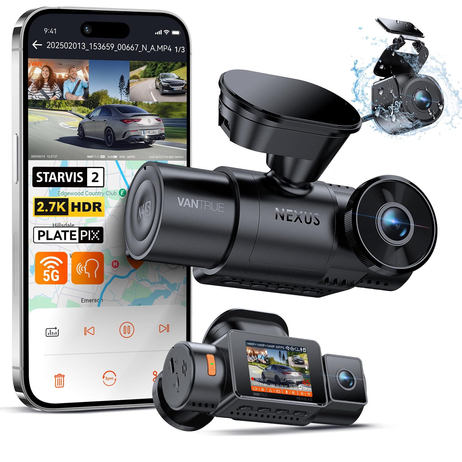 Vantrue N4S 3 Channel WiFi Dash Cam, STARVIS 2, PlatePix™, 2.7K+1440P+1440 Front Inside Rear Dashcam, HDR, IR Night Vision, Voice Control, GPS, G-sensor, 24/7 Buffered Parking Mode, Support 1TB Max