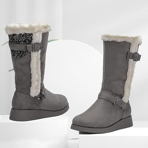 Miniatura 7 de CentroPoint Botas de nieve de media pantorrilla para mujer, tacón bajo, botines de invierno de piel sintética, puños cálidos para exteriores