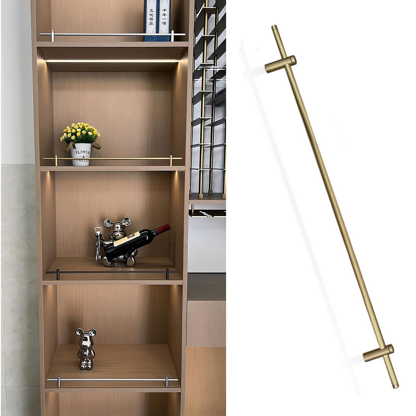 MESCXTY Metal Shelf Fall Protection Guard Rail, 14~42 Inch Long Decorative Tipping Rail Set for Wood/Gallery Shelves, Bookshelf, Shoe Racks, Cabinets Guardrail Bar(Gold-8 Pack,23in/58cm)