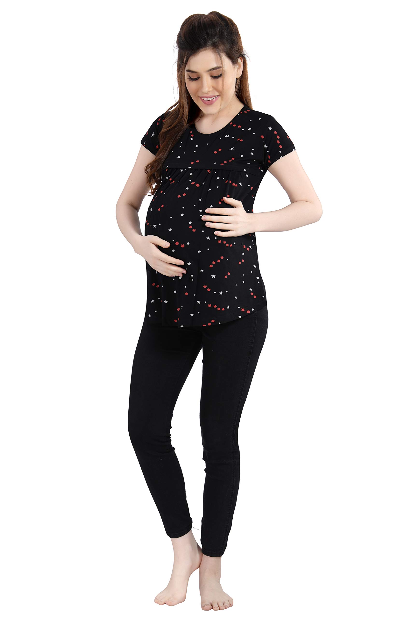 AV2 Women's Cotton Printed Maternity Feeding Tunic Top, Black, M - Regular Fit 1