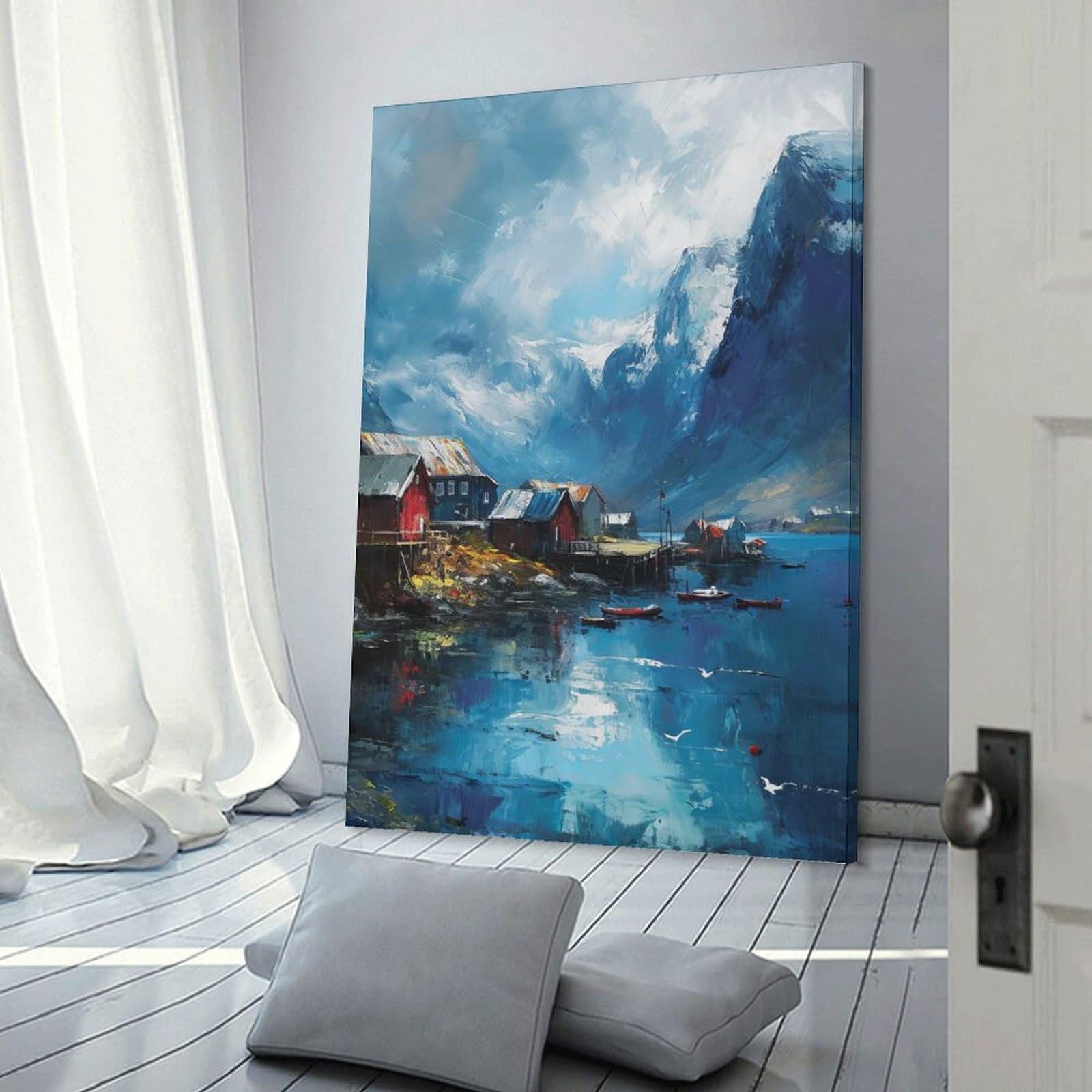 Junmoney Coastal Village Painting with Mountain Backdrop Wall Picture Print 20x30inch(50x75cm), for Entrance Spaces, Stair Walls Or Halls, Decorative Canvas Styling for Entry Areas