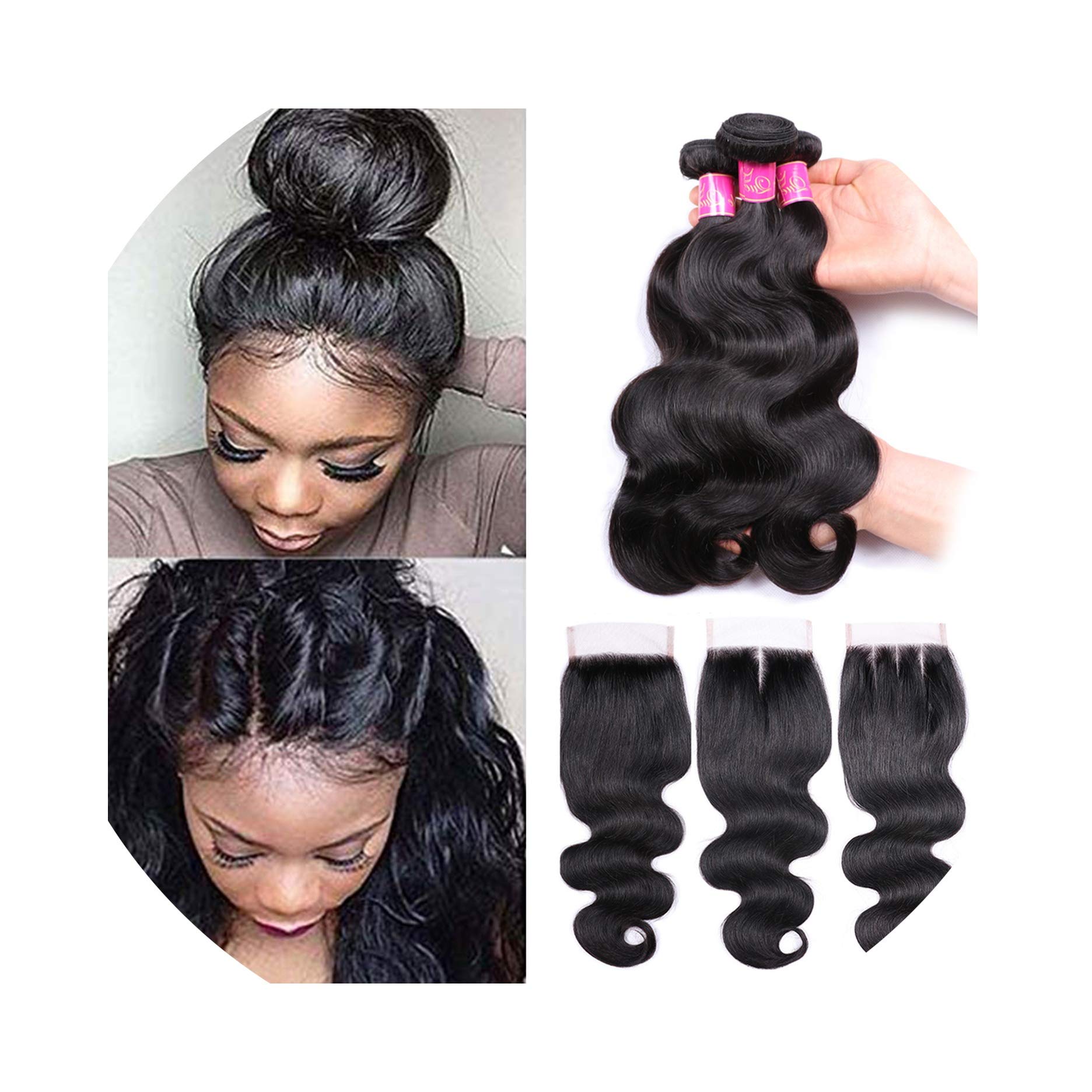Body Wave Bundles With Closure Brazilian Hair Weave Bundles With Closure Human Hair Bundles With Closure Non-Remy,18 18 18 +16Closure,Natural Color,Free Part