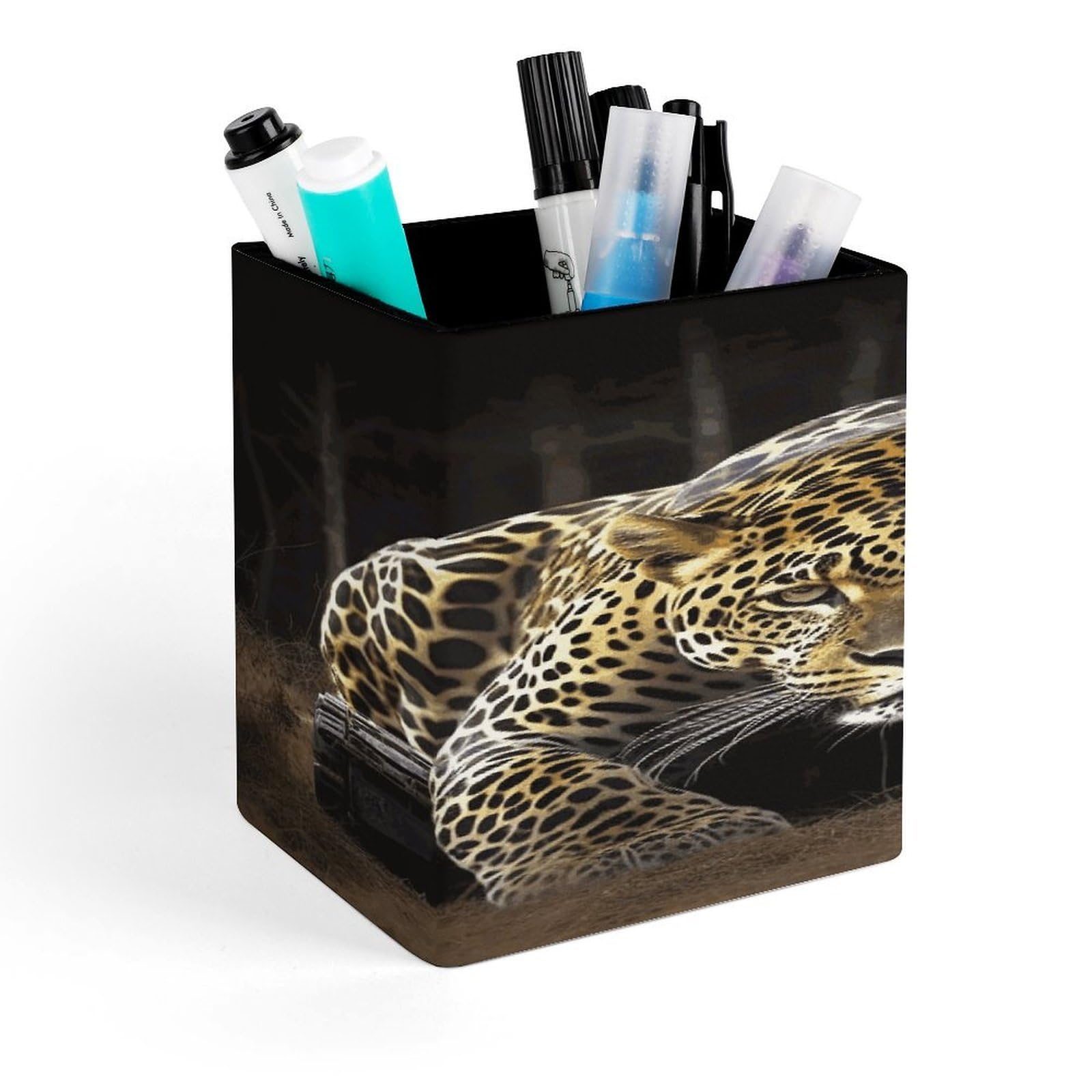 FekiLoot Square Leopard2 Pen Holder PU Leather Pencil Cup Desk Organizer Cute Makeup Brush Storage Organizer Modern Design Office Accessories Container Box 4.3x 3.5x 3.1 in